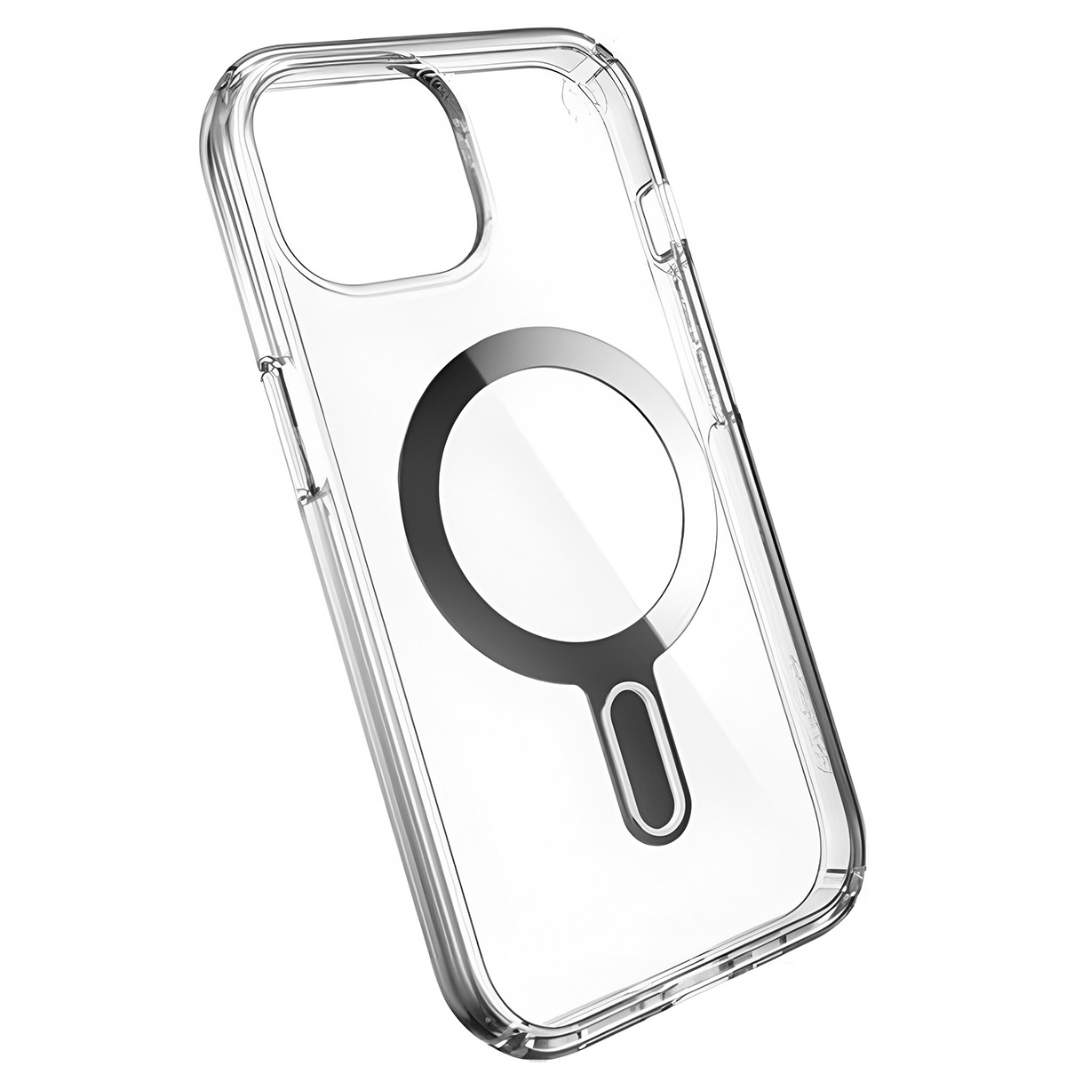 Custodia trasparente per telefono con anello MagSafe. Ha un design trasparente con un cerchio e un rettangolo neri.