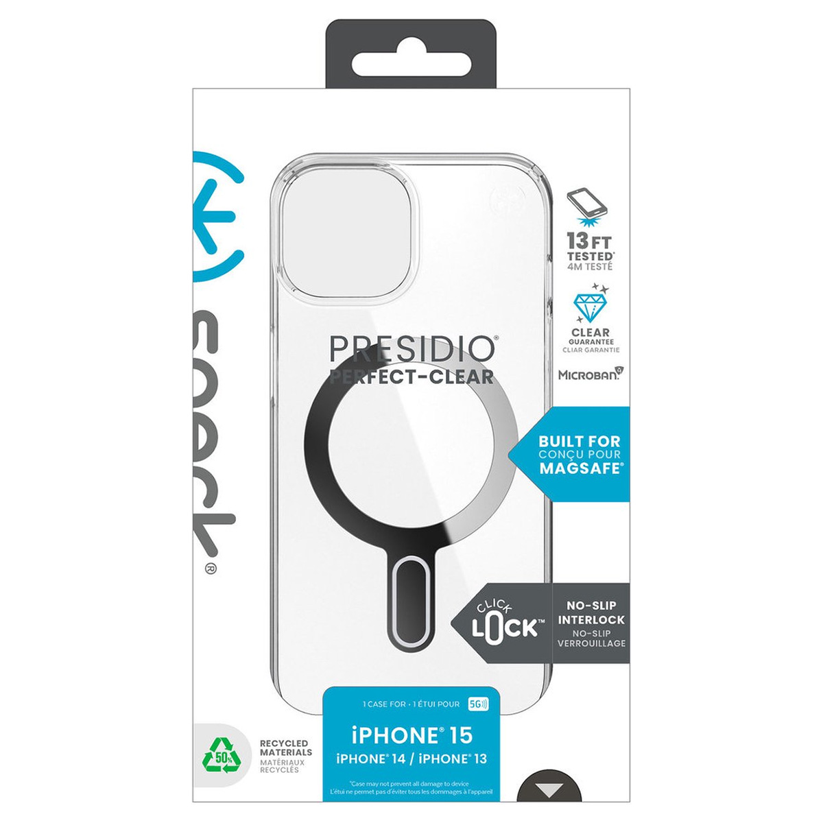 Una custodia trasparente per telefono nella confezione. Presenta il marchio 'Presidio' e dichiara di essere perfetta, trasparente e costruita per MagSafe.