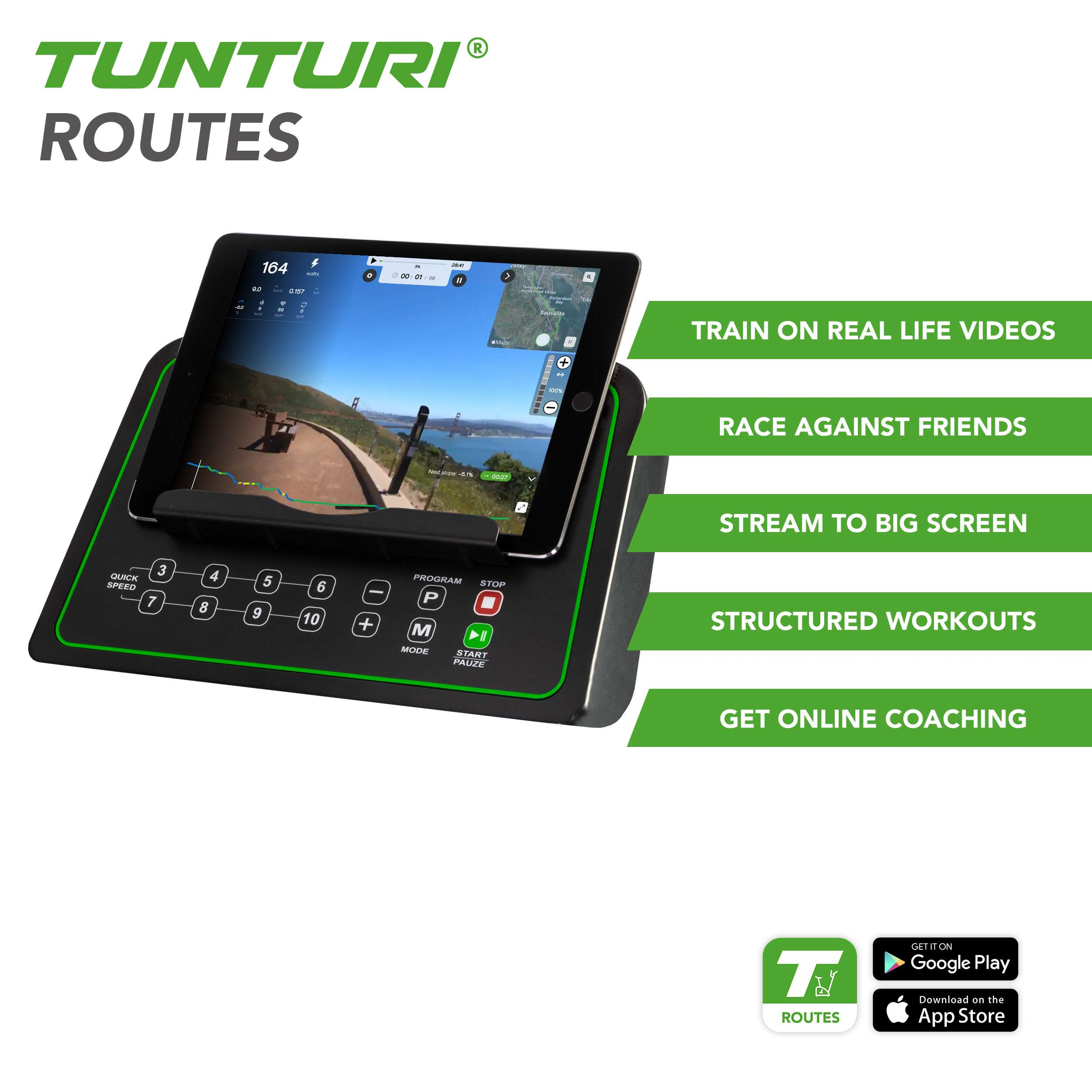 Tunturi Routes loopband met tablet die een fietsroute toont. Functies: real-life video's, racen met vrienden en gestructureerde workouts.