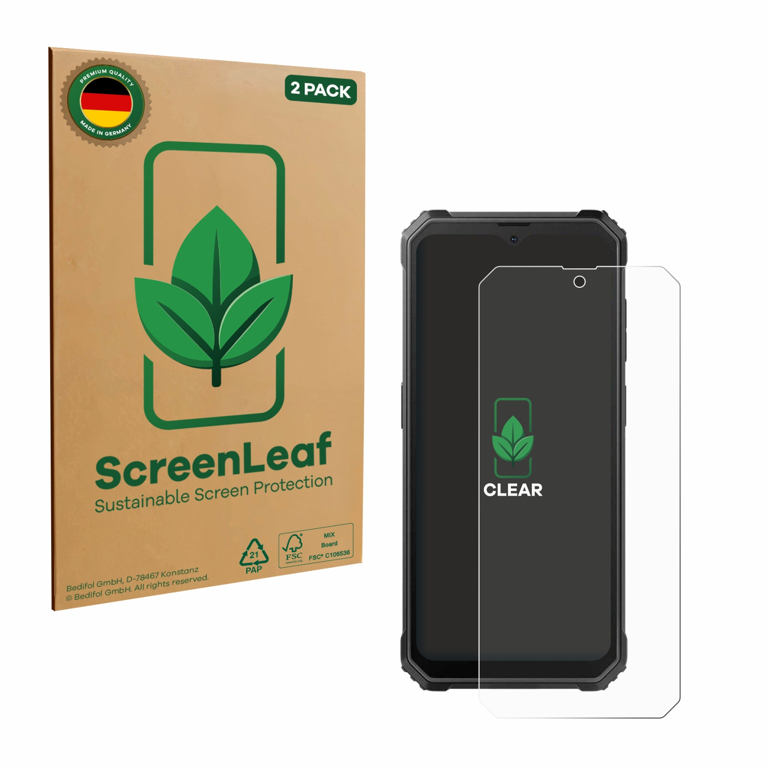 Ein Telefon neben einer Schachtel mit Displayschutzfolien. Die Schachtel ist braun mit einem grünen Logo, das Telefon hat eine klare Schutzfolie.