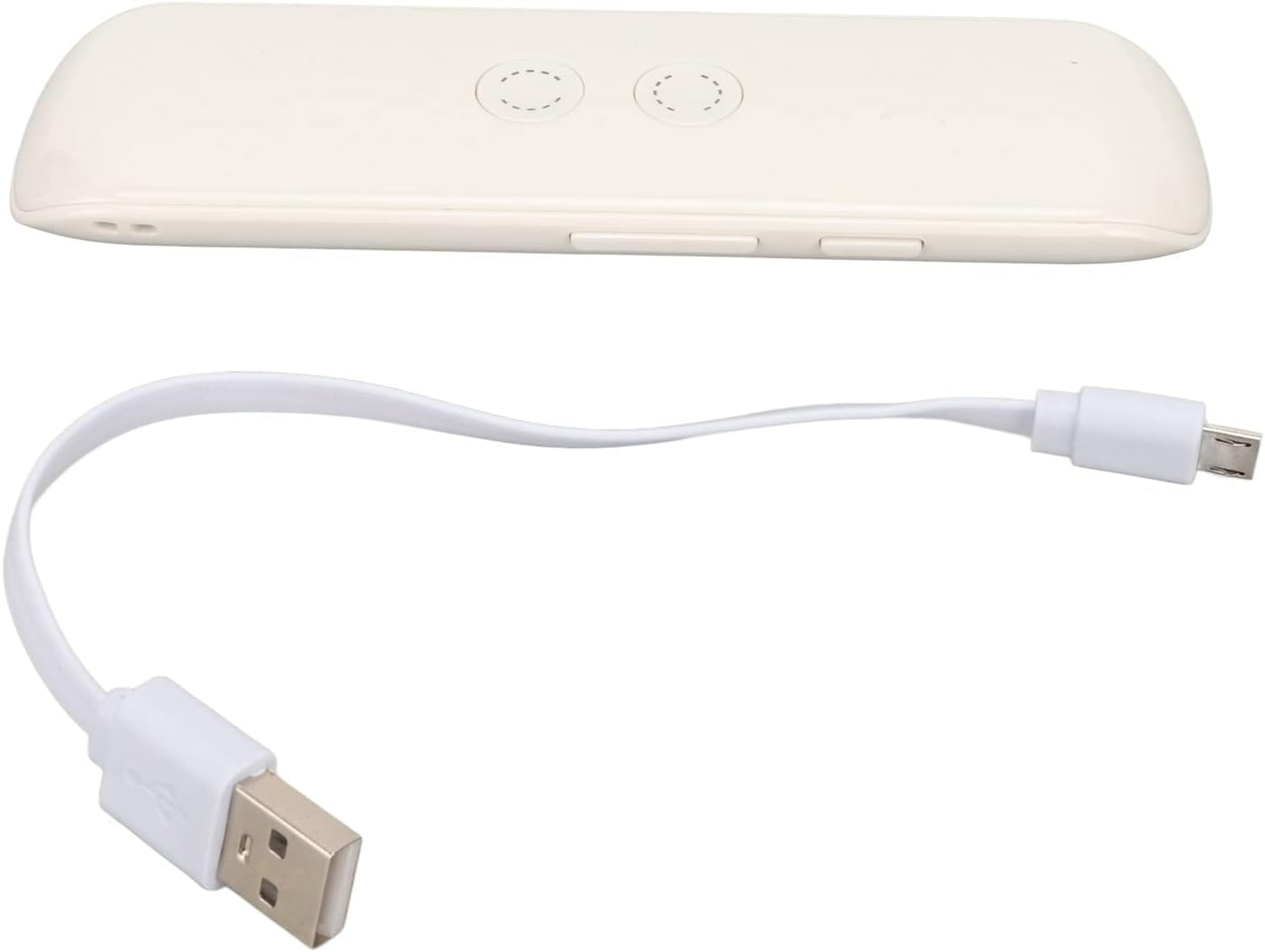 Ein weißes Gerät mit zwei Knöpfen und ein weißes USB-Kabel mit einem USB- und Micro-USB-Anschluss.