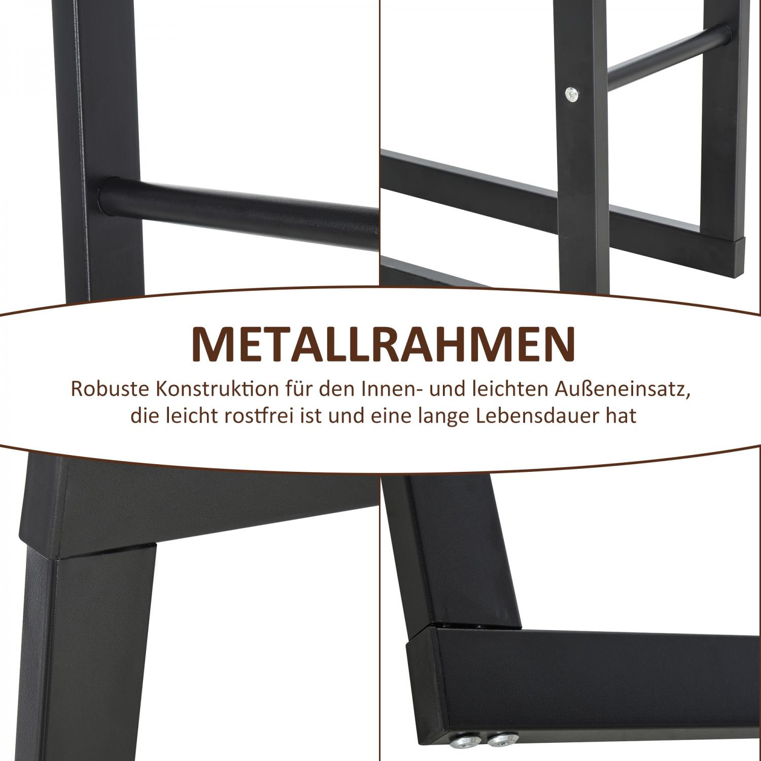 Nahaufnahme eines schwarzen Metallrahmens. Das Bild hat vier Abschnitte und zeigt verschiedene Blickwinkel des Rahmens mit Text.