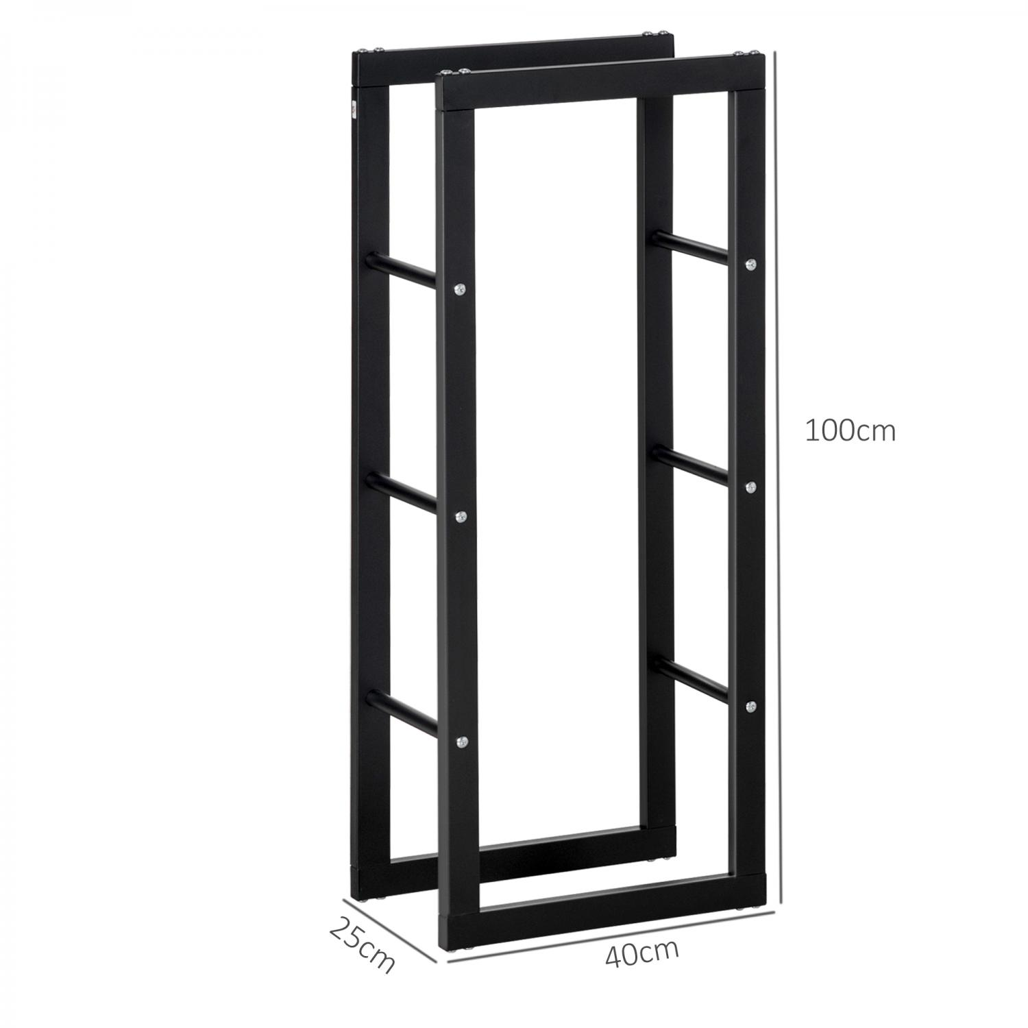 Schwarzes Weinregal aus Metall. Abmessungen: 100 cm hoch, 40 cm breit, 25 cm tief. Hat horizontale Stangen für Flaschen.