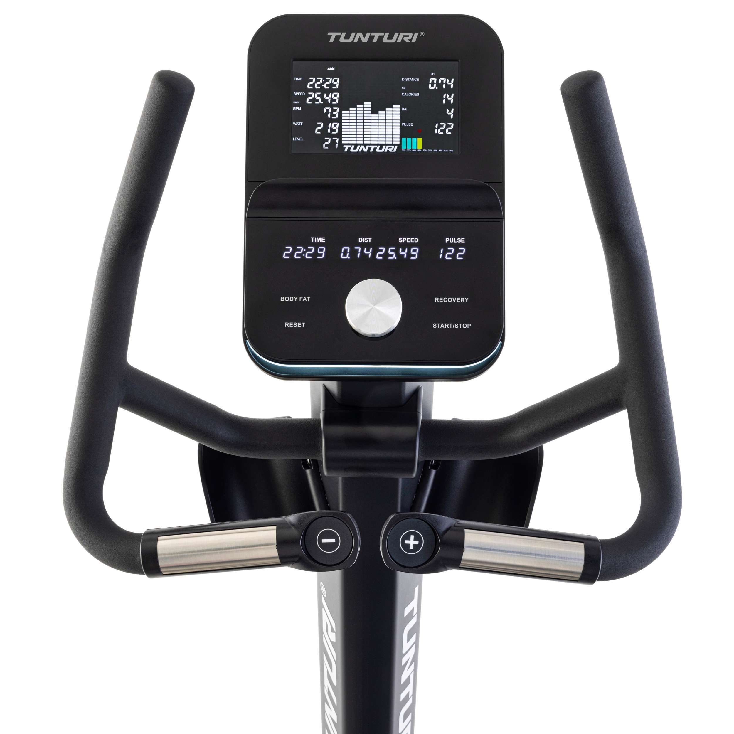 Hometrainer met zwart frame, display met statistieken en grijze handvatten.