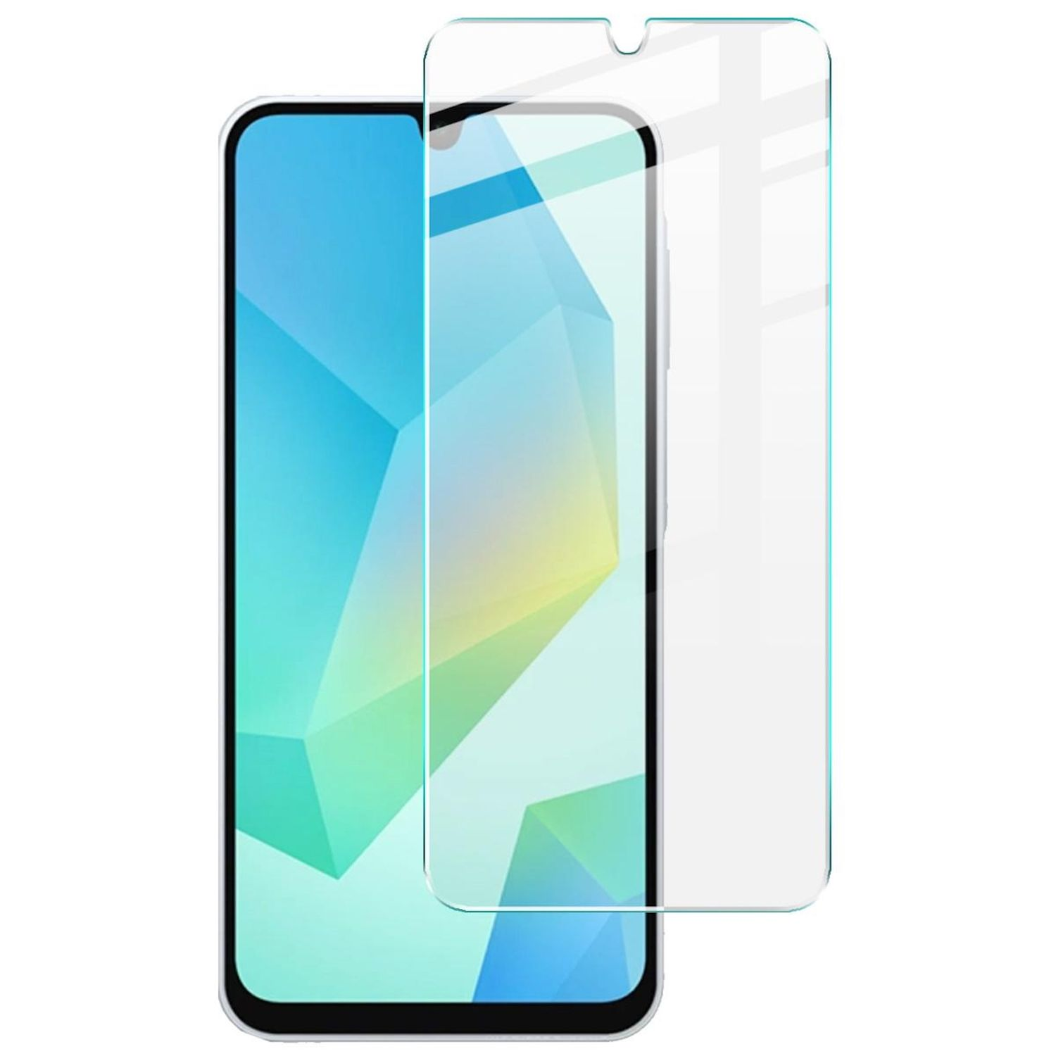 Ein Smartphone mit Displayschutzfolie. Das Telefon hat ein blau-weißes Display. Der Schutz ist transparent.