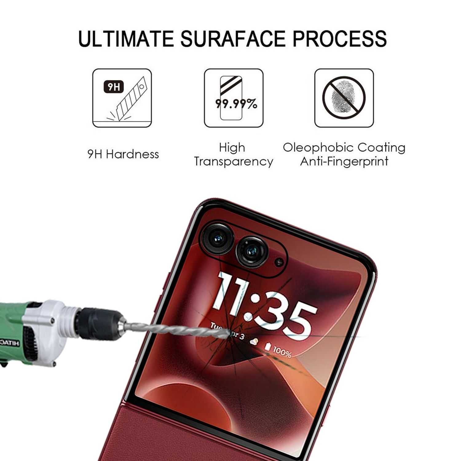 Uno schermo del telefono viene forato da un trapano verde. Lo schermo mostra l'ora, 11:35. Il testo sopra menziona 'Ultimate Surface Process'.
