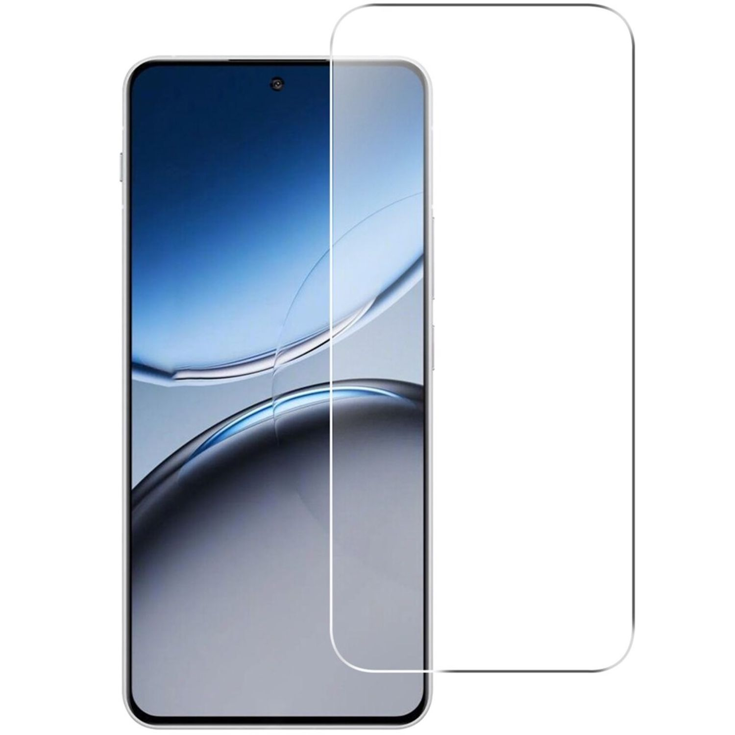 Uno schermo di smartphone con una protezione per lo schermo trasparente. Il telefono è argentato, con un gradiente blu e bianco.