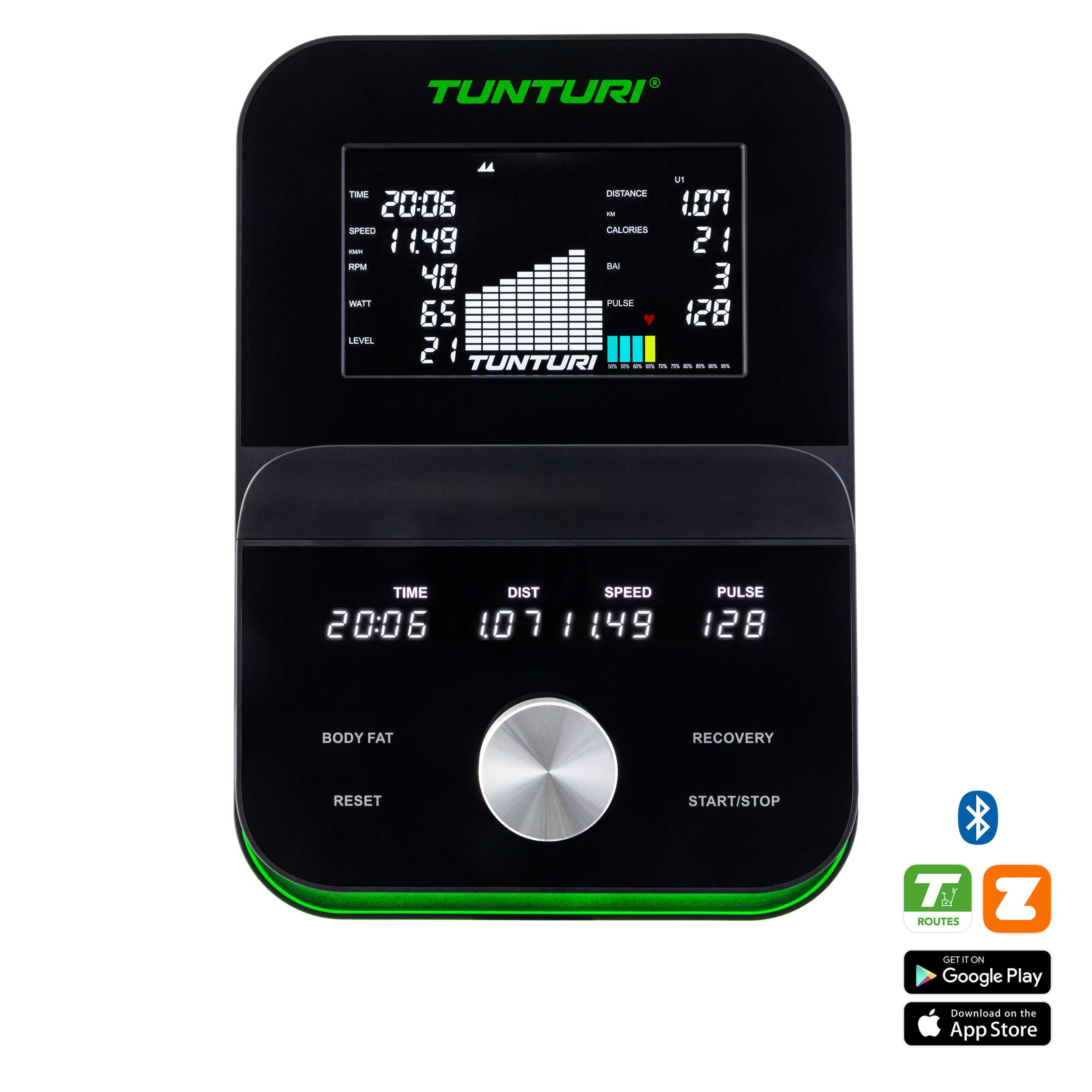 Zwarte fitnessmachine met display met trainingsgegevens. Tunturi-logo zichtbaar. Groene accenten op het frame.