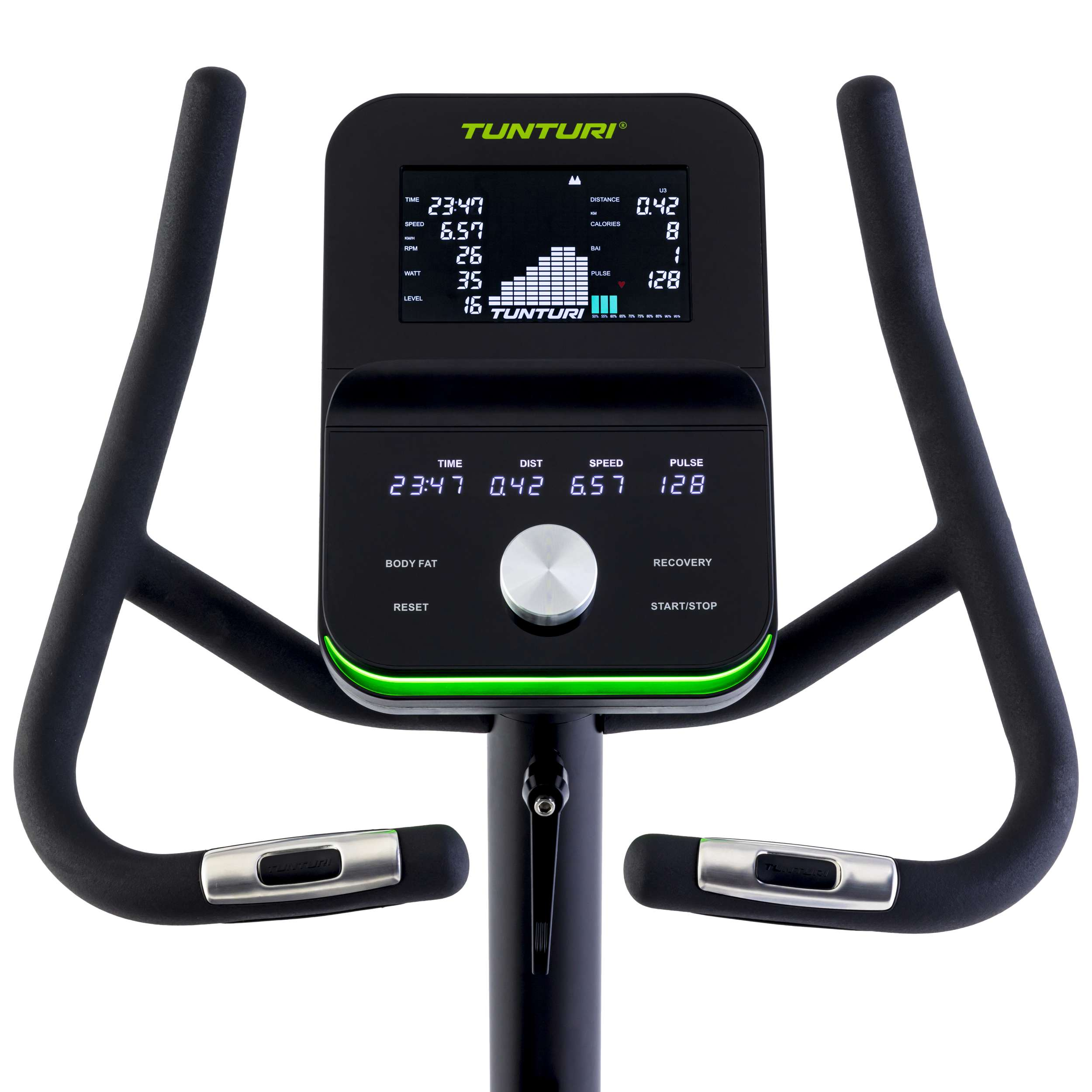 Een display van een hometrainer toont statistieken: tijd, snelheid, afstand, calorieën en hartslag. Zwarte handgrepen en frame.