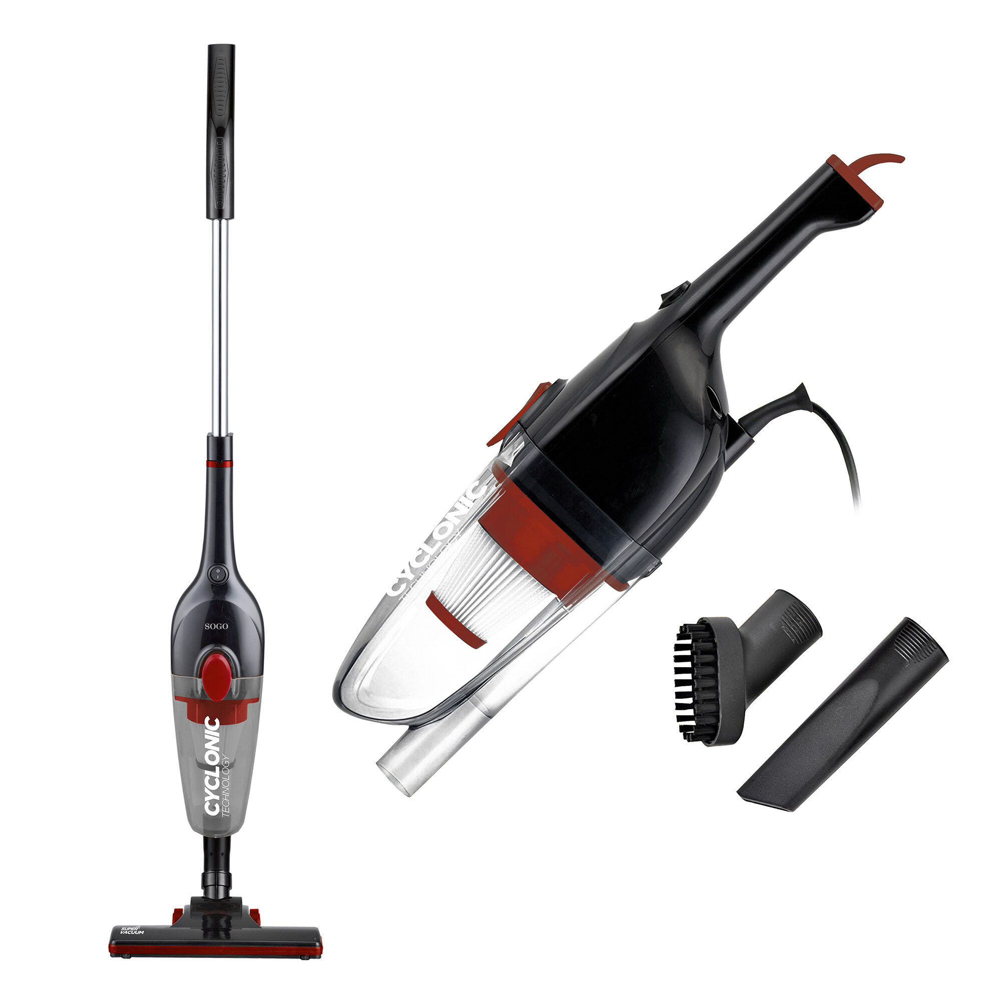 Un aspirapolvere SOGO Cyclonic nero e rosso. Include aspirapolvere portatile, accessori e un aspirapolvere a manico lungo.