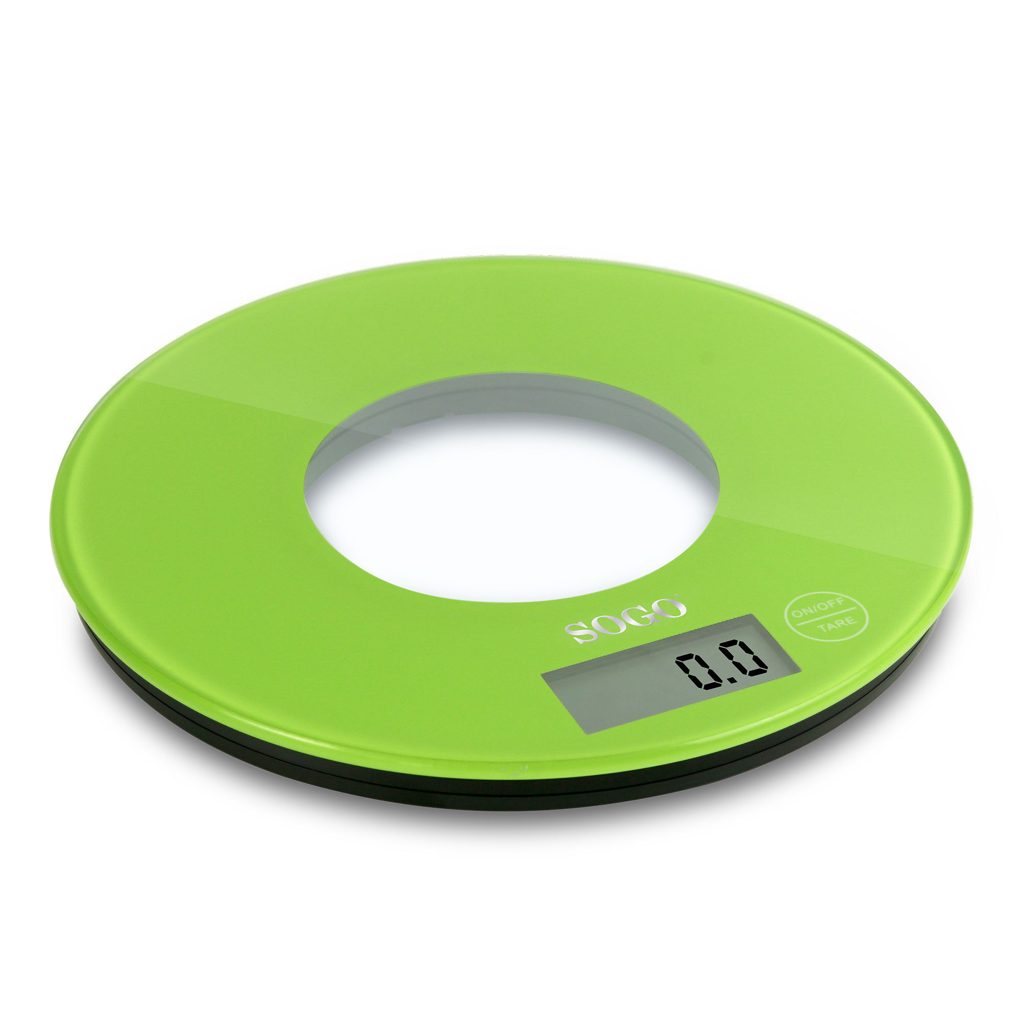 Zielona waga kuchenna SOGO, okrągła z otworem pośrodku, wyświetla 0.0. Znajduje się na białym tle.