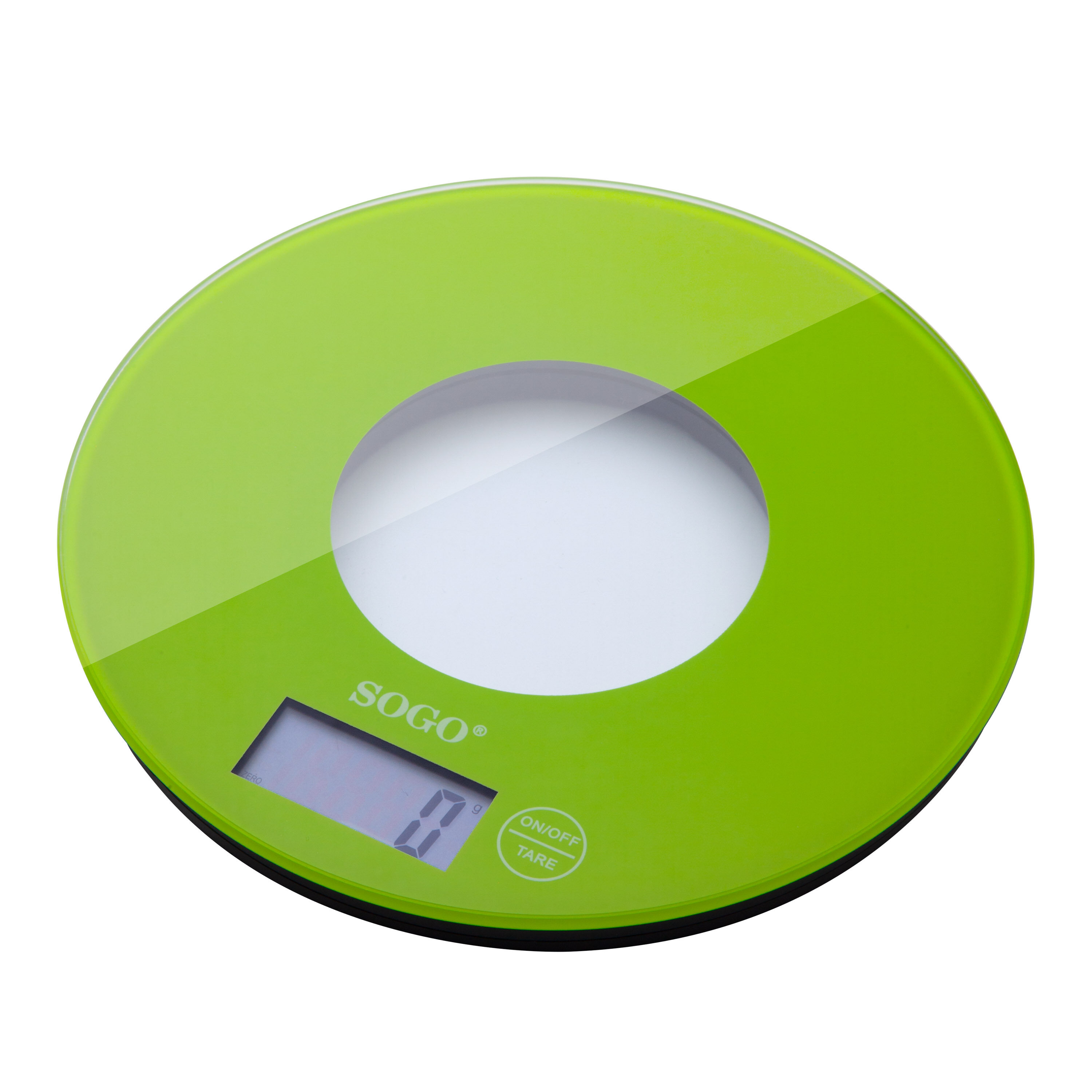 Zielona, okrągła waga kuchenna. Posiada cyfrowy wyświetlacz z napisem '0' oraz przyciski włącz/wyłącz i tarowania.