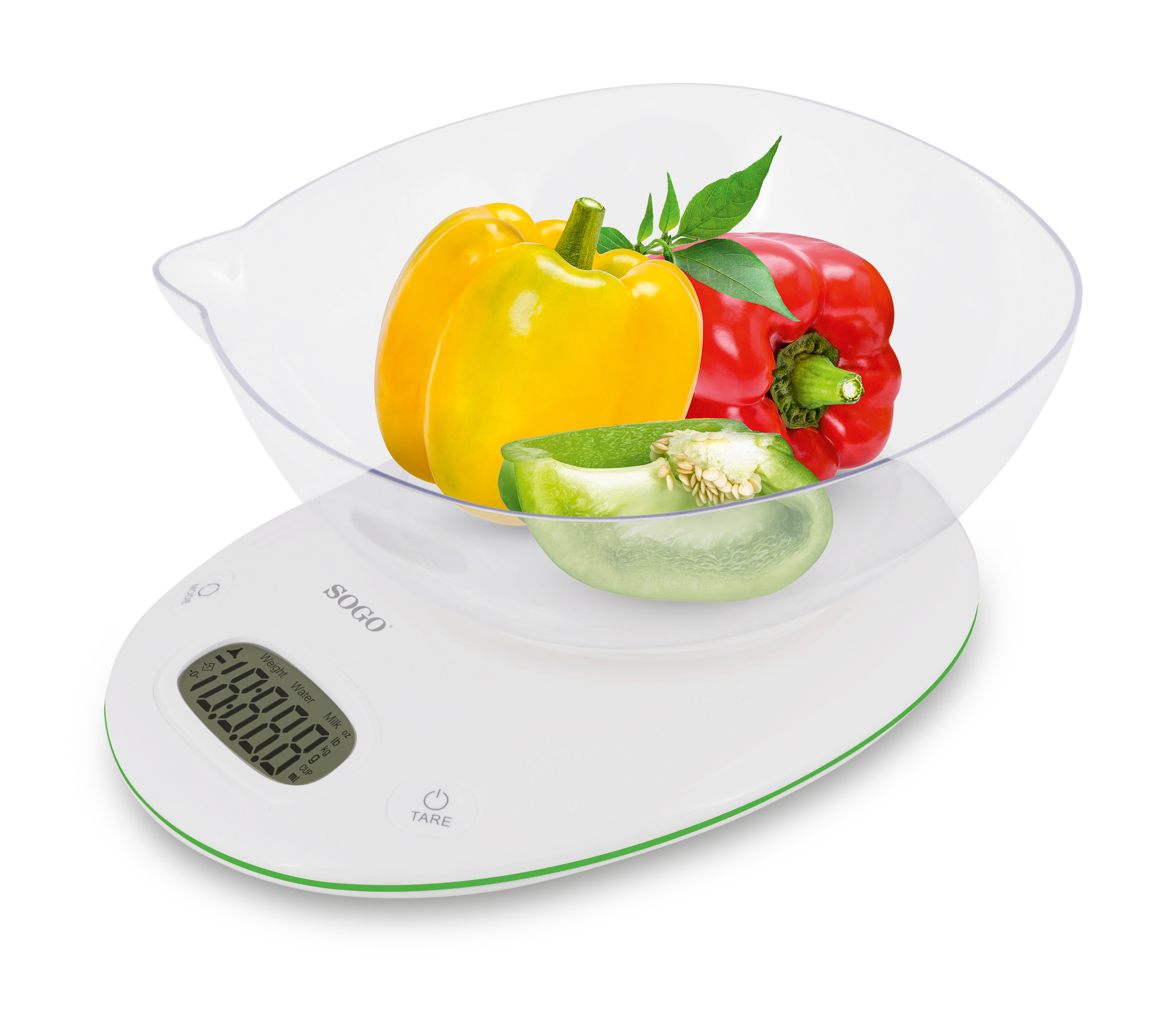 Una báscula de cocina blanca con un bol de pimientos. Pimientos amarillos, rojos y verdes dentro. La báscula marca 108,0.