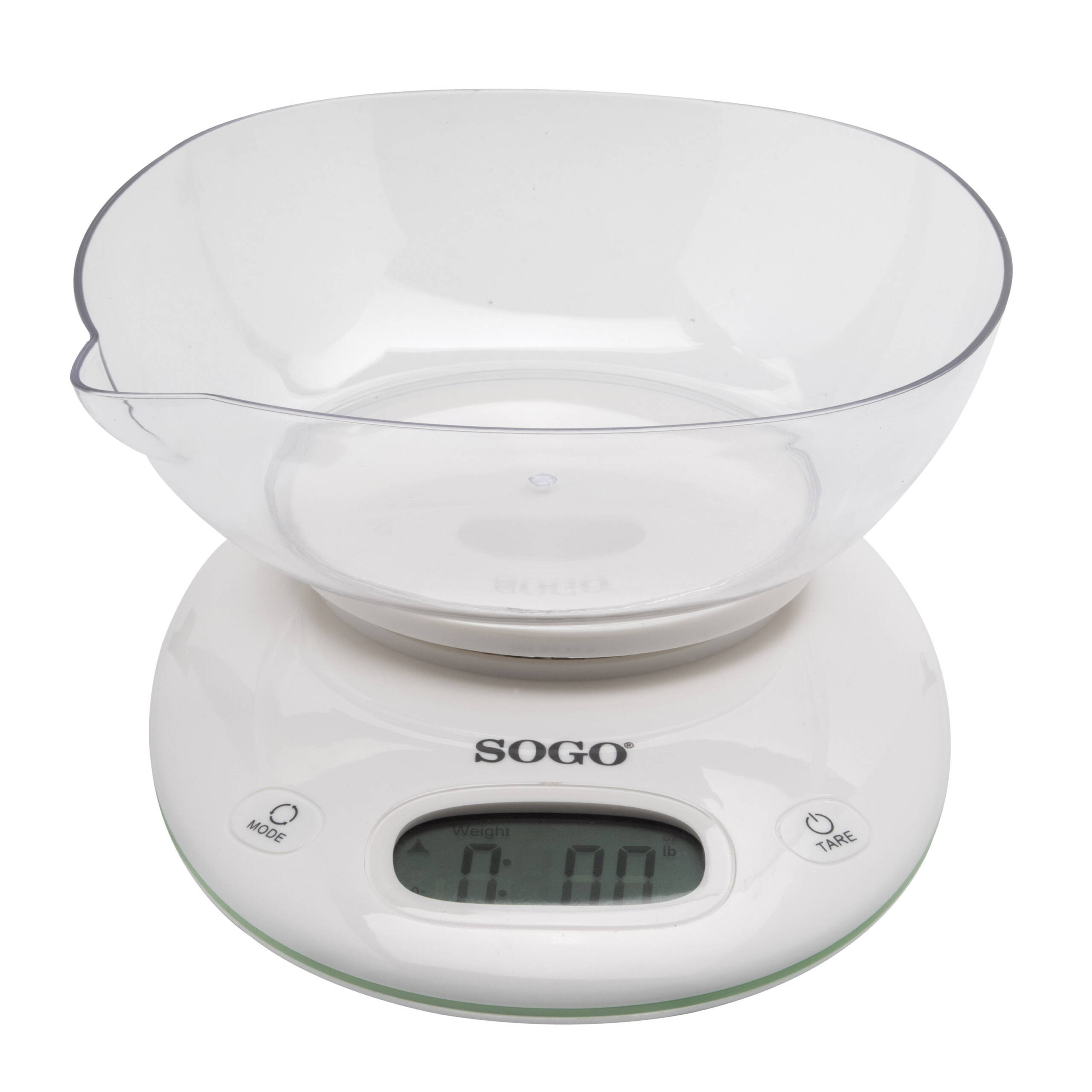 Balanza de cocina blanca con un cuenco transparente encima. La balanza muestra 0,00. Botones de modo y tara.