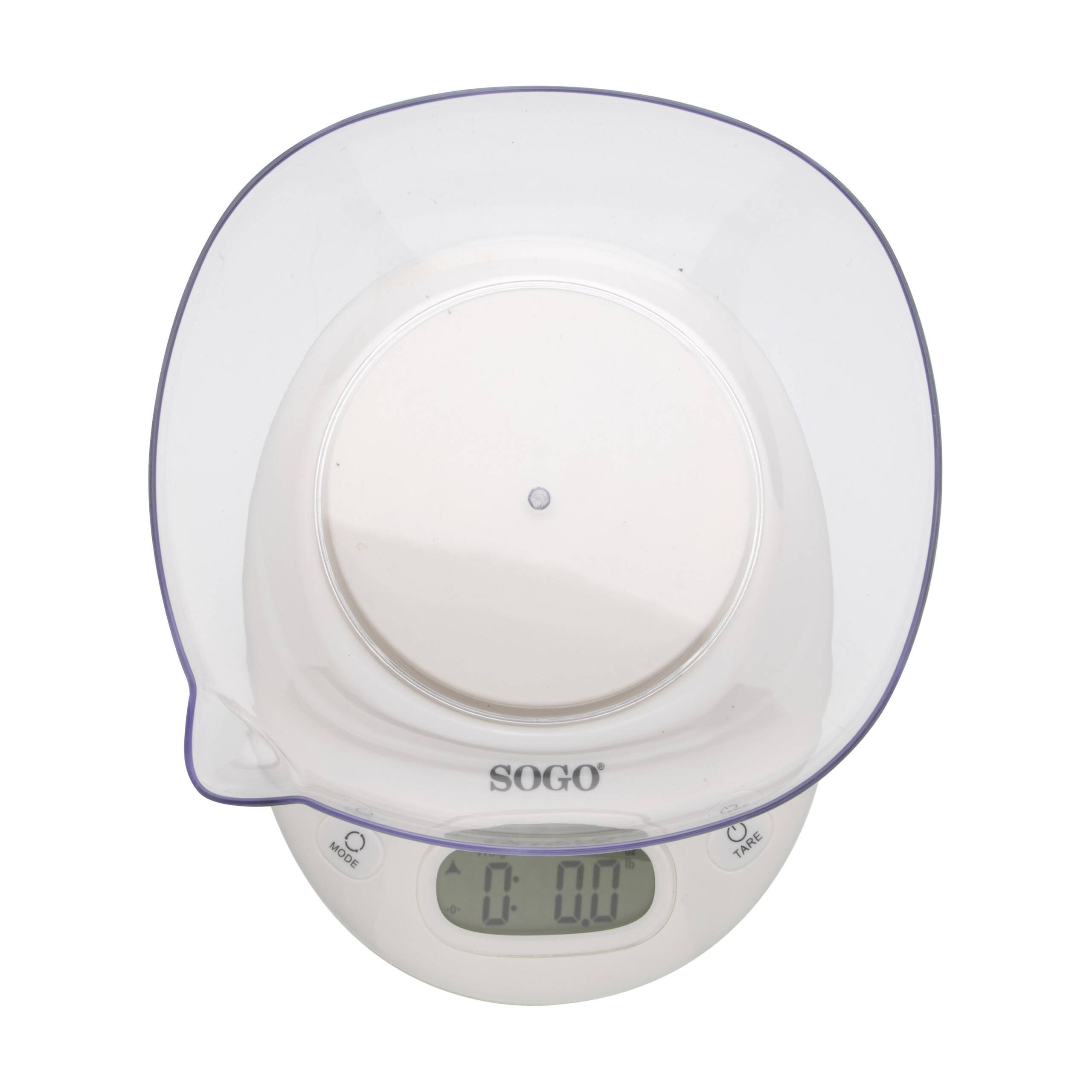 Vista cenital de una balanza de cocina blanca con un cuenco transparente. La balanza muestra 0,0, con la marca SOGO.