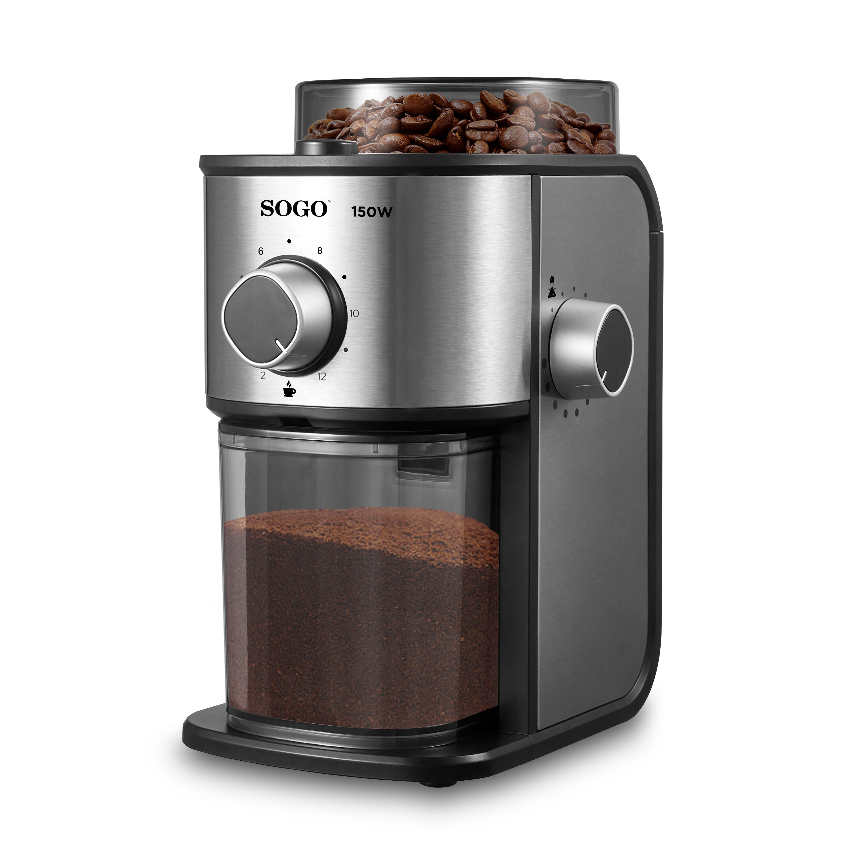Molinillo de café con granos de café en la parte superior y café molido debajo. Diseño plateado y negro con dial y ajustes.