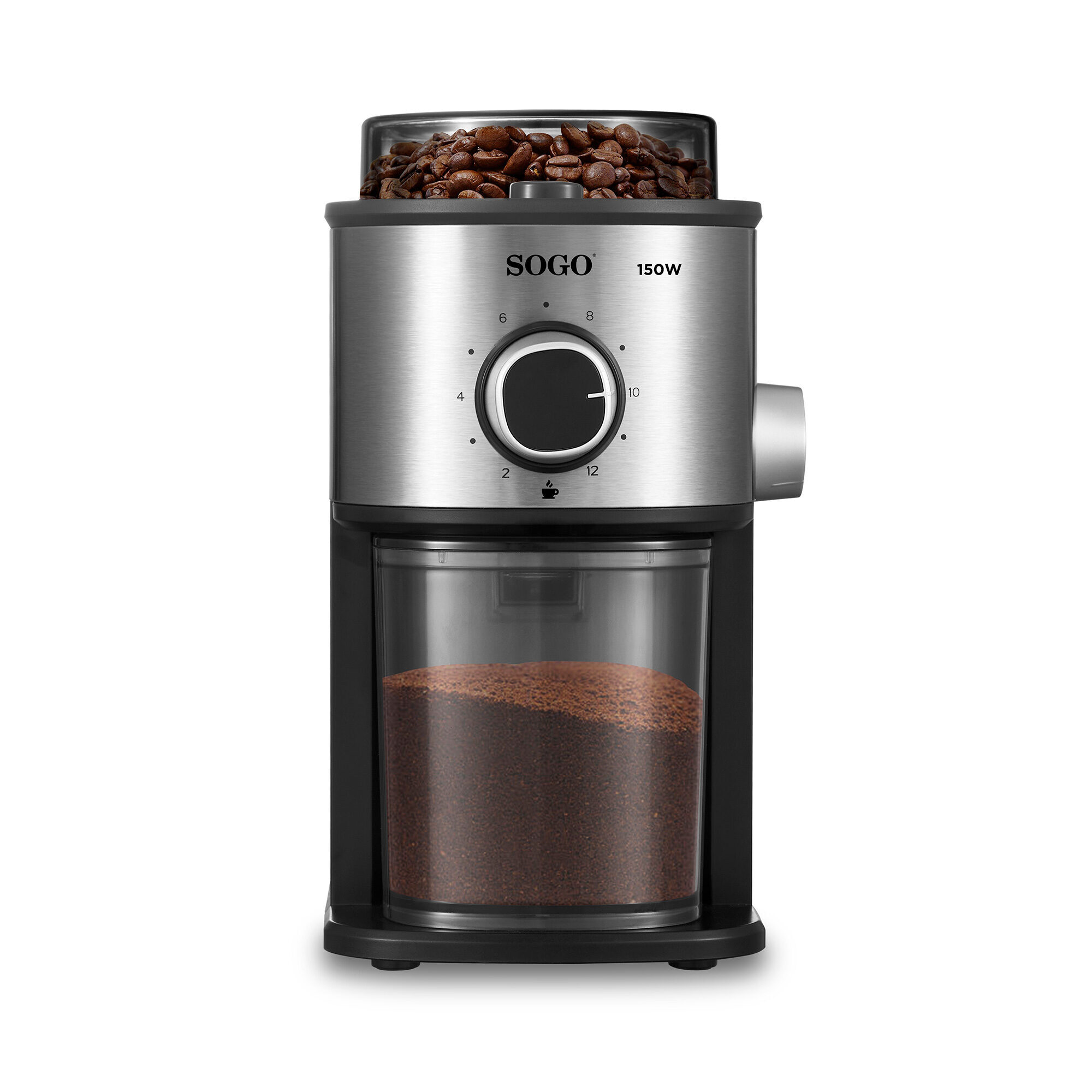 Molinillo de café con granos de café encima, café molido en la parte inferior y un dial con números, negro y plateado.