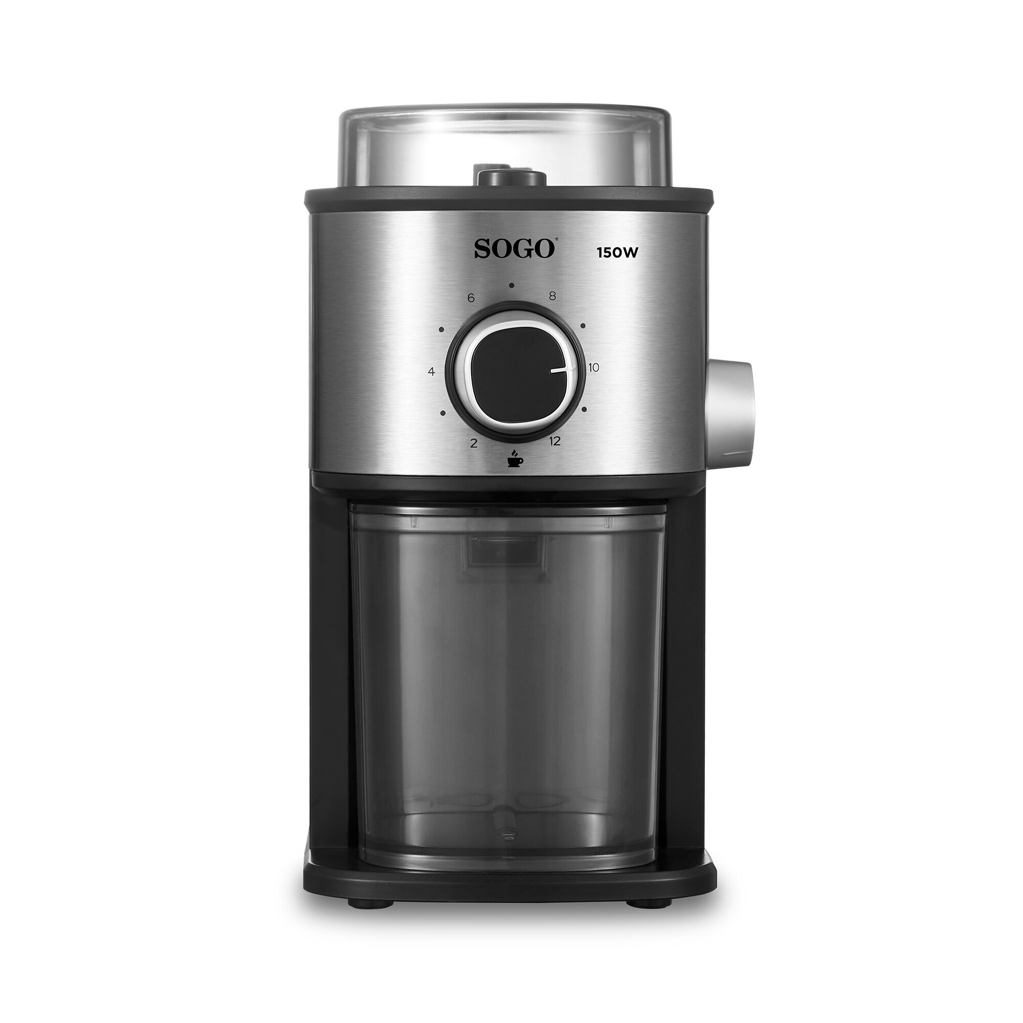 Un molinillo de café SOGO. Cuerpo plateado, base negra y recipiente transparente. Tiene un dial con números y un botón de encendido.