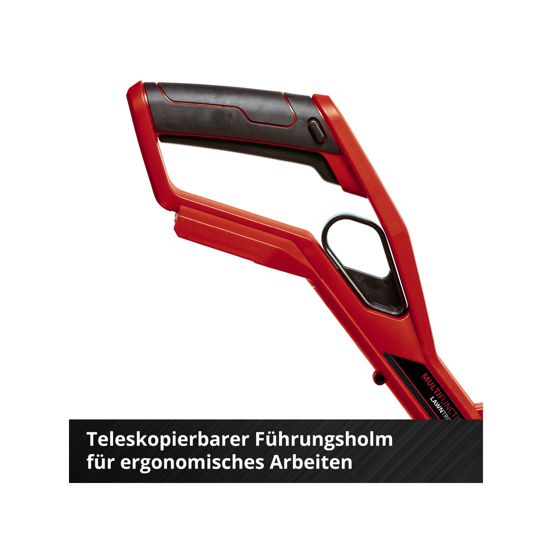 Czerwono-czarny uchwyt do podkaszarki. Tekst na dole: Teleskopierbarer Führungsholm für ergonomisches Arbeiten.