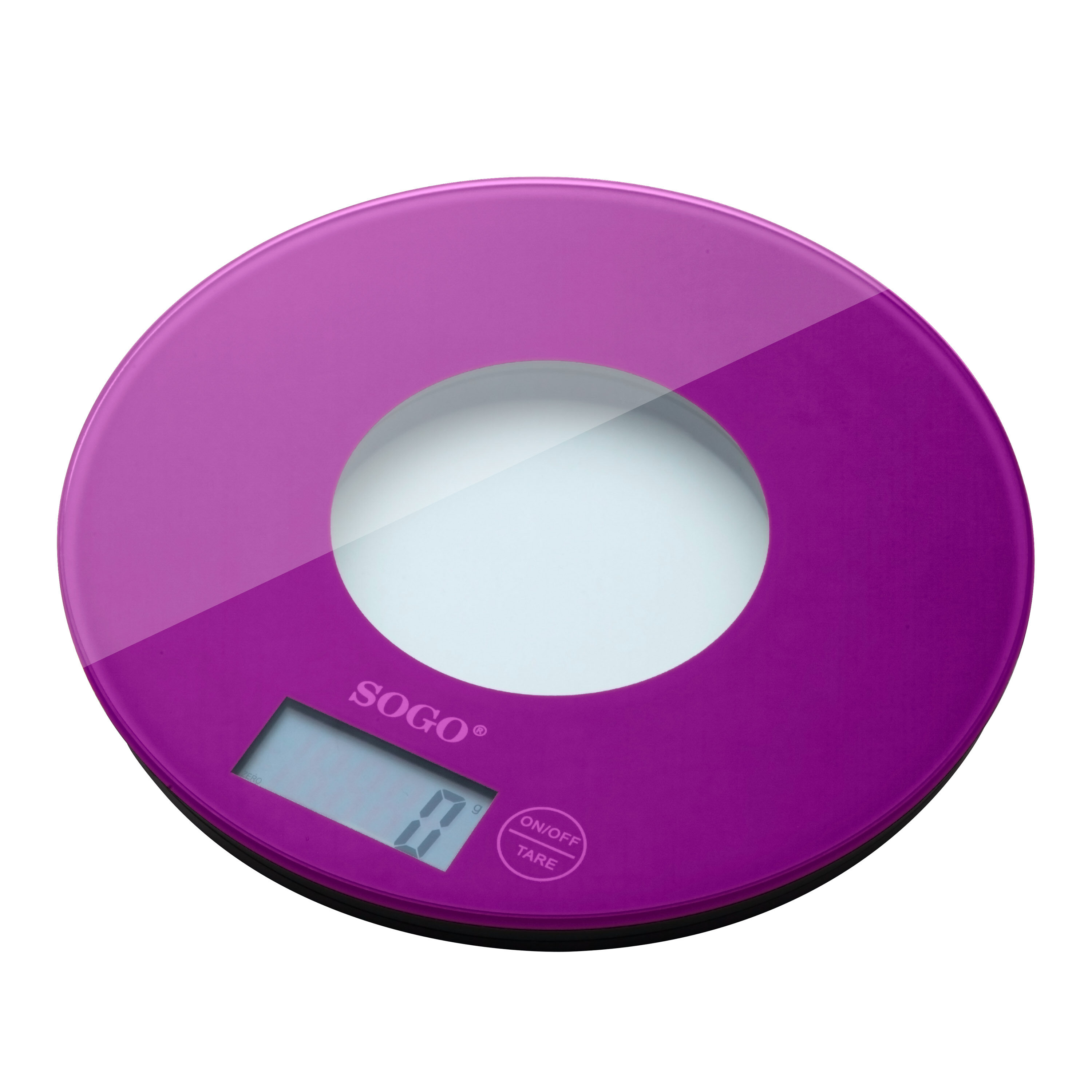 Una báscula de cocina redonda y morada con una pantalla digital que muestra cero, un centro blanco y la marca SOGO.