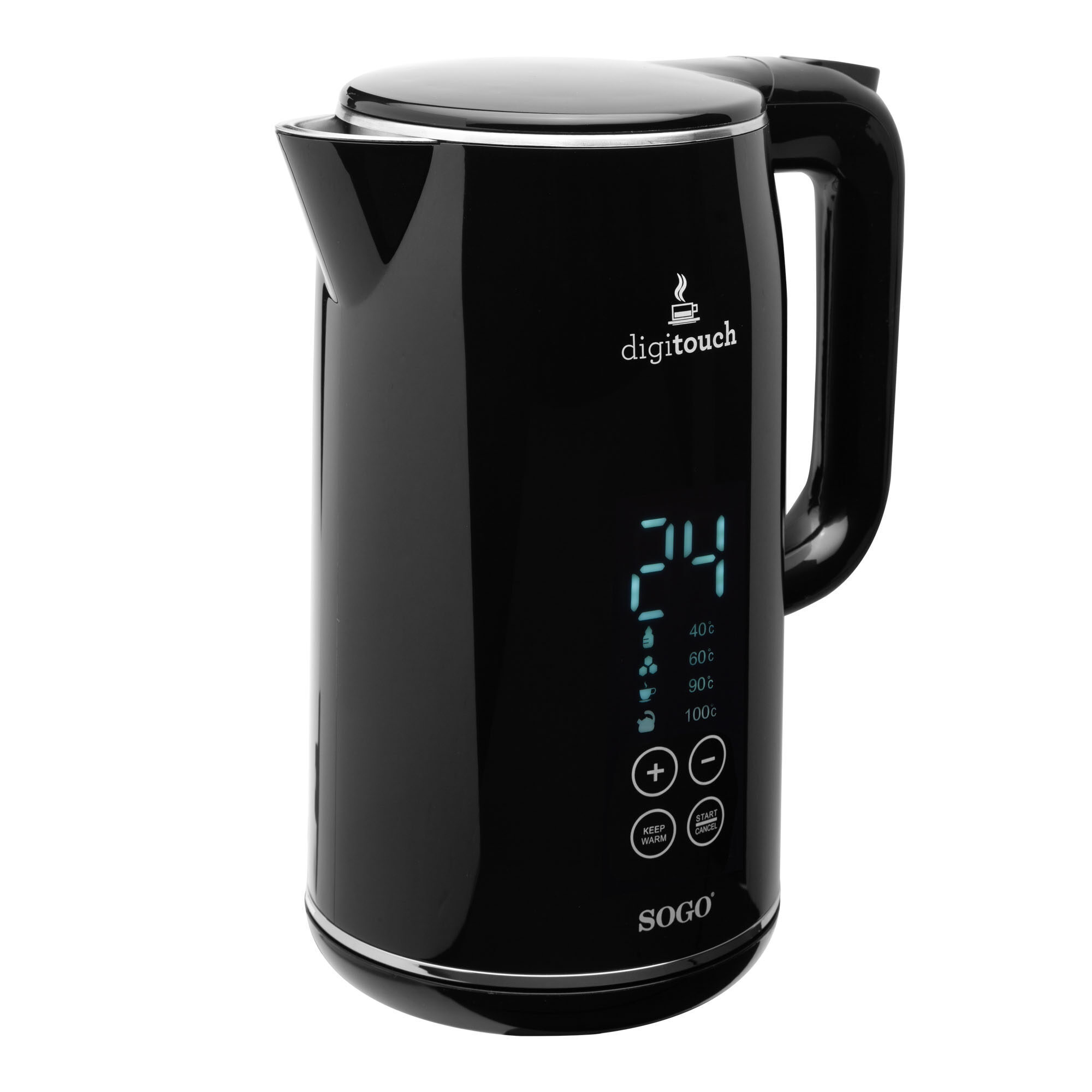 Ein schwarzer Wasserkocher mit Digitalanzeige der Temperatur. Er hat einen Griff und Knöpfe zur Steuerung.