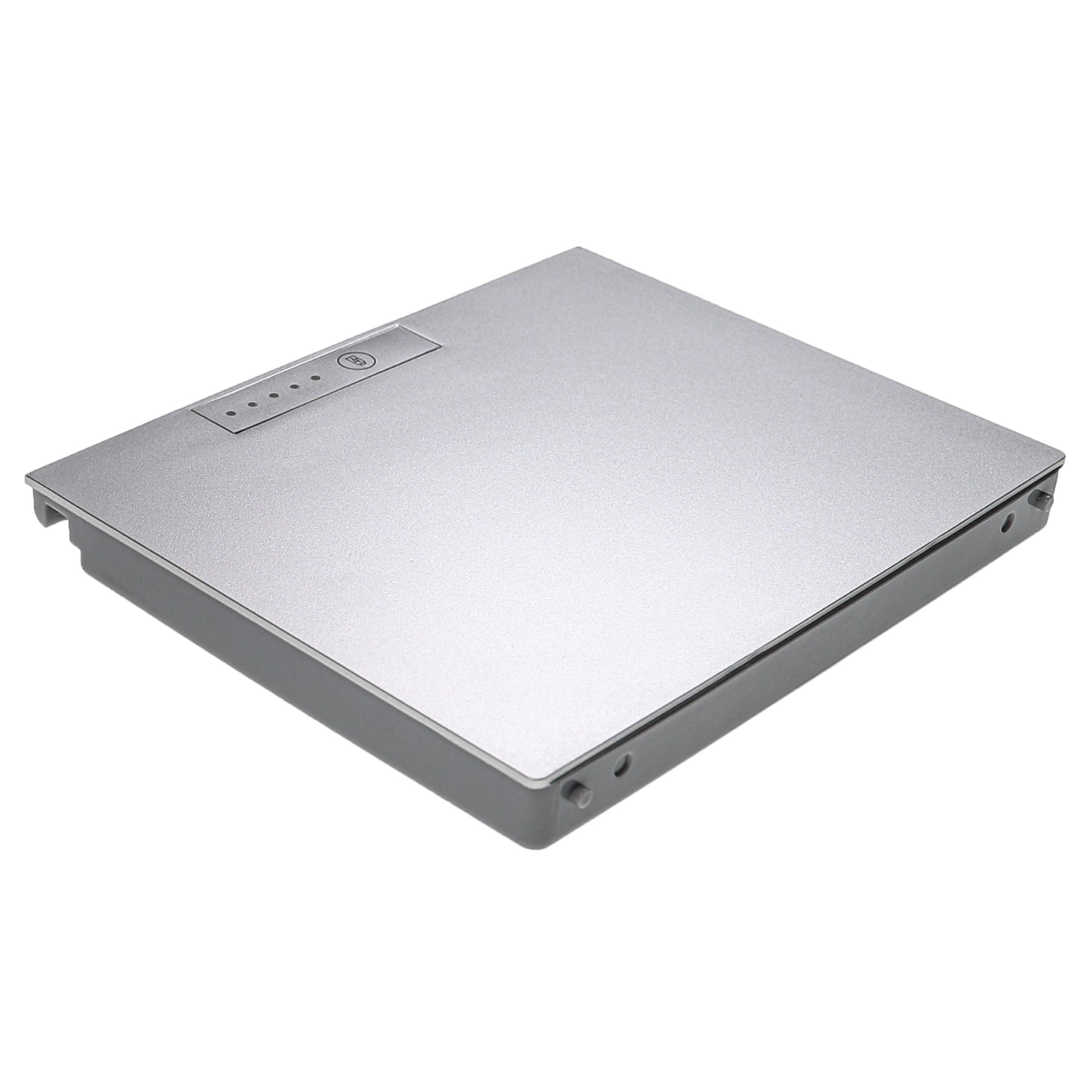 Ein silbernes, rechteckiges Gerät, möglicherweise eine Festplatte, mit einer Reihe von Punkten und einem Knopf oben, liegt auf einer weißen Oberfläche.