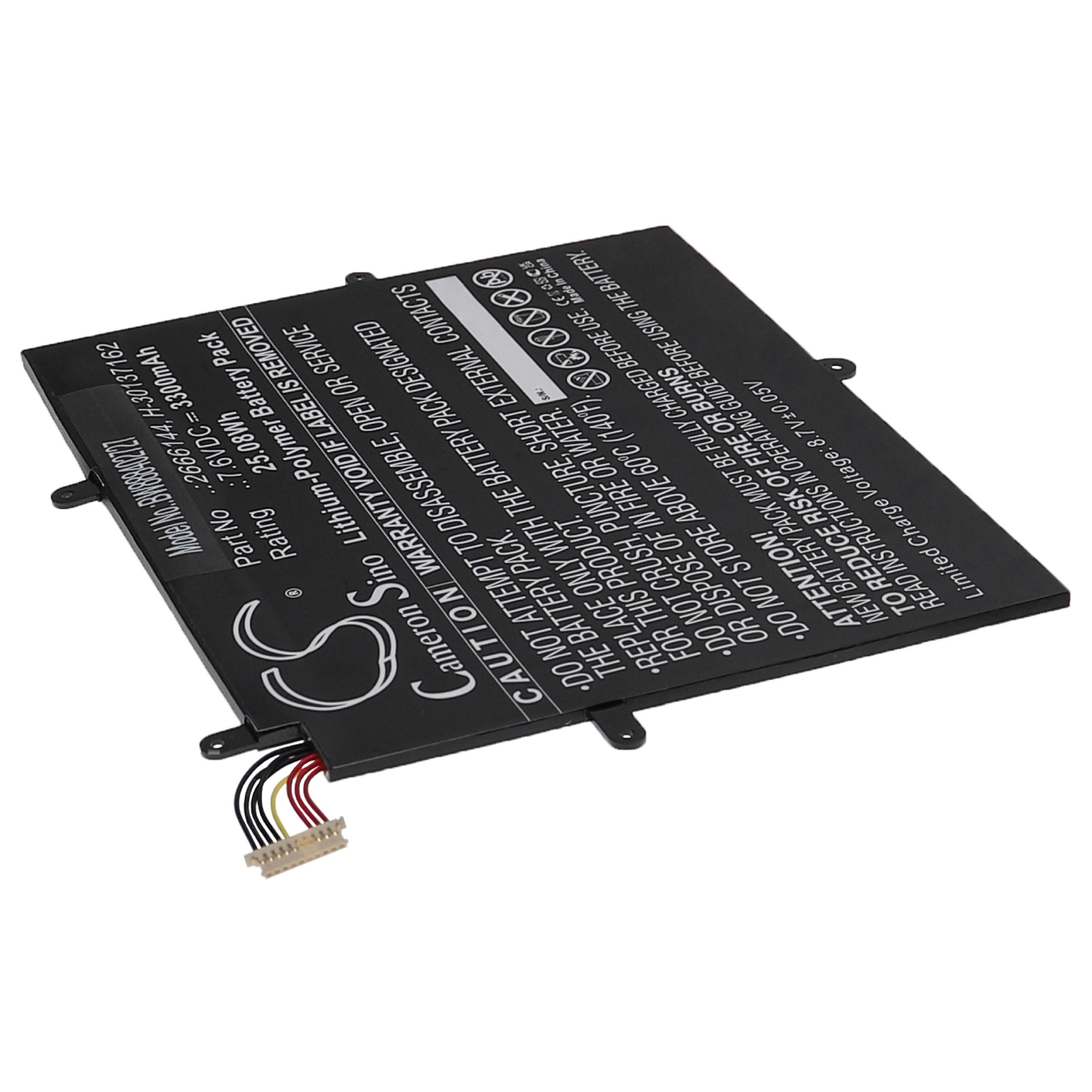 Schwarzer Akku mit Etiketten, Drähten und Stecker. Weißer Hintergrund. Texte umfassen Modell- und Warninformationen.