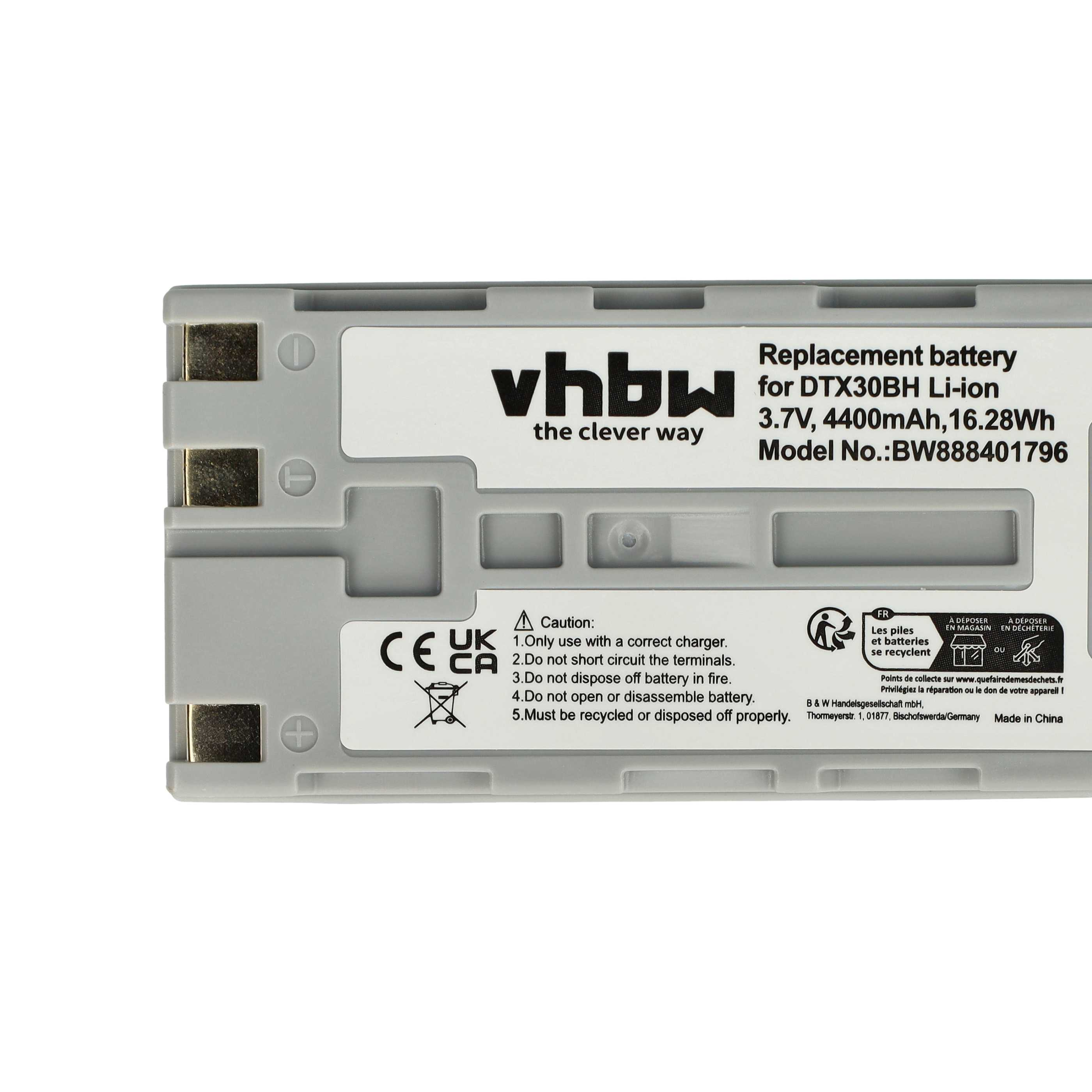 Graue Batterie mit Text: vhbw, Ersatzbatterie für DTX30BH, 3,7V, 4400mAh, Modell BW888401796. Enthält Warnhinweise und Recycling-Infos.