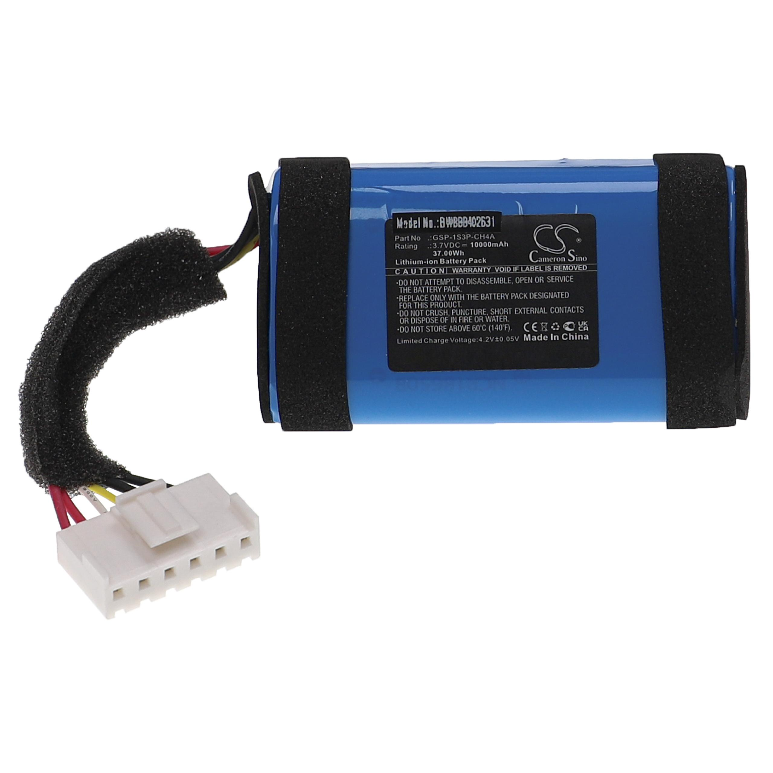 Ein blaues Akkupack mit schwarzer Schaumumwicklung und einem weißen Stecker. Etiketten mit Text sind sichtbar.