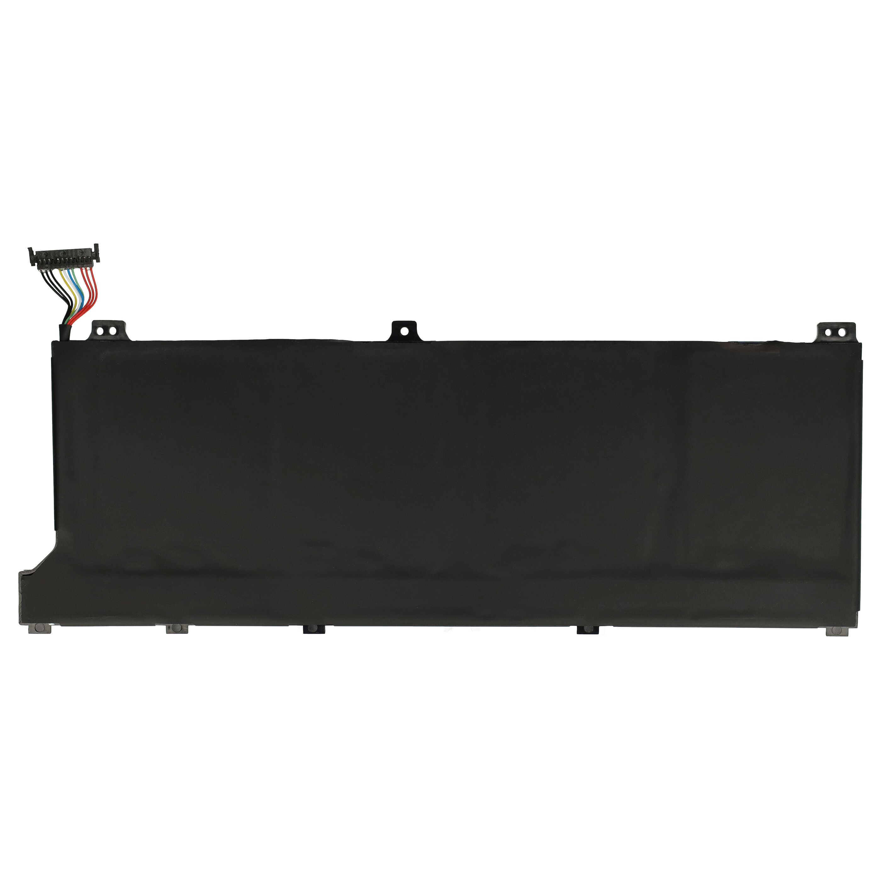 Ein schwarzer Laptop-Akku mit Stecker und farbigen Drähten vor weißem Hintergrund. Der Akku ist rechteckig.