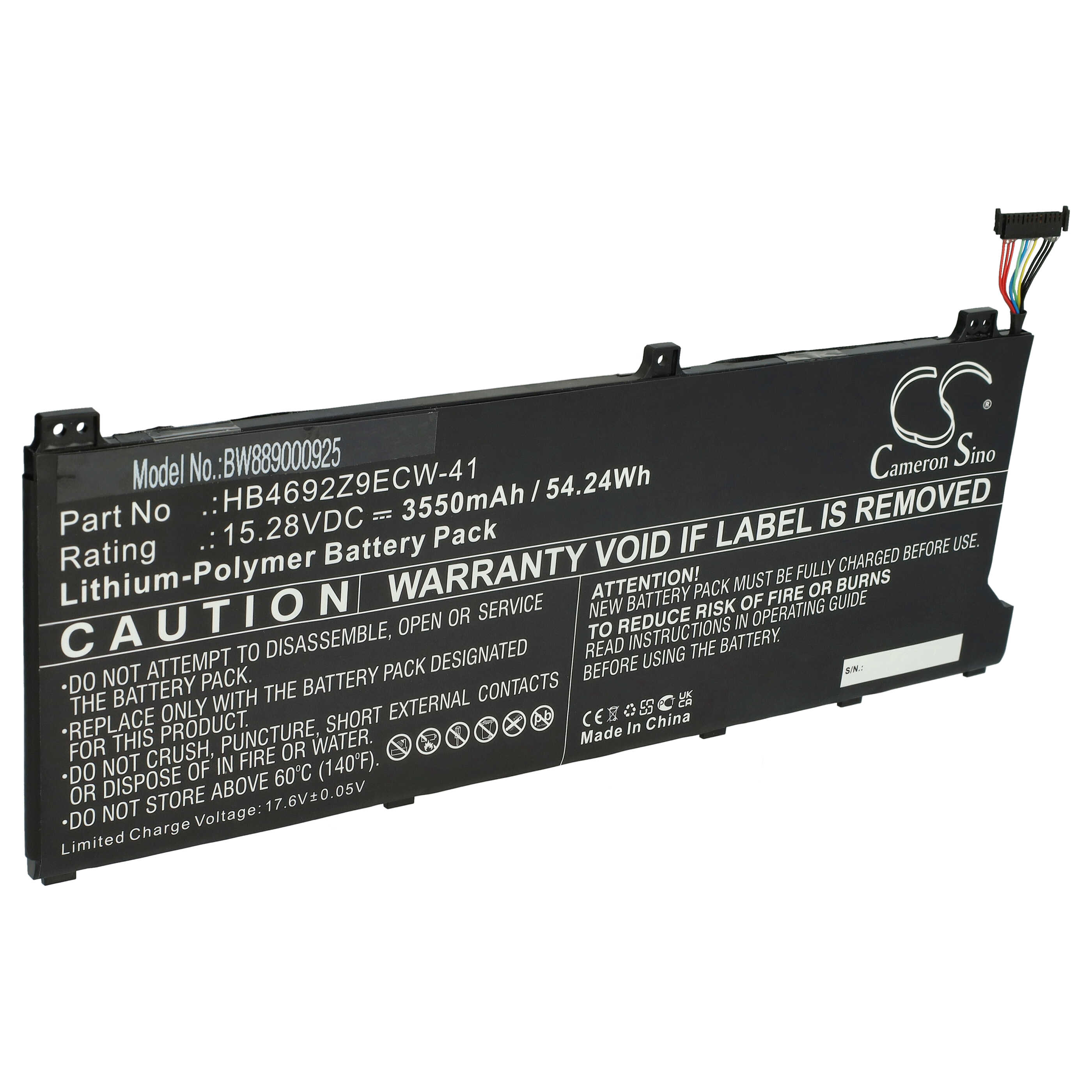 Ein schwarzer Laptop-Akku mit Etiketten und Warnhinweisen. Oben befindet sich ein Stecker mit farbigen Drähten.