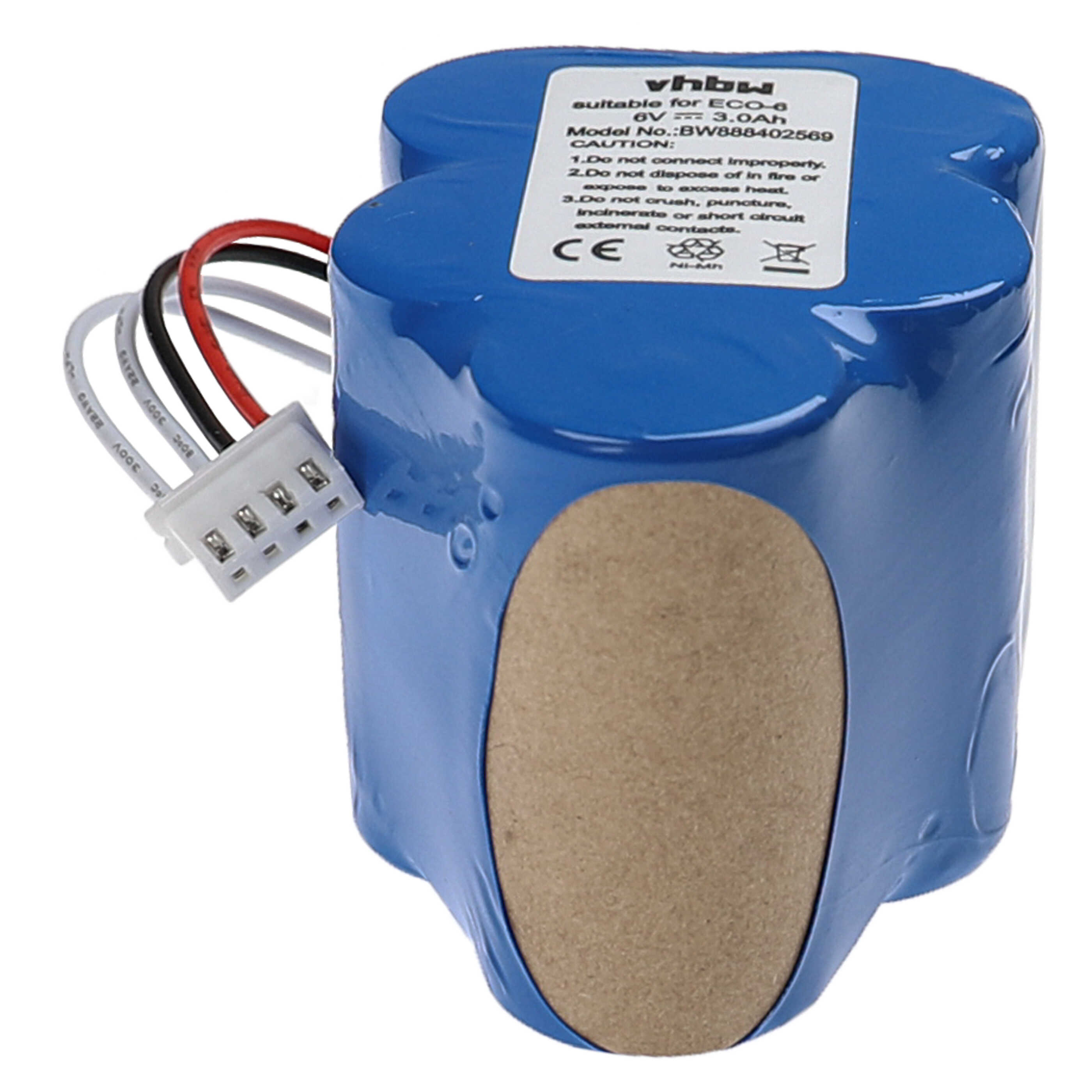 Ein blaues Batteriepack mit weißem Stecker und Kabeln, einem braunen Papierabschnitt und einem Etikett mit Text.