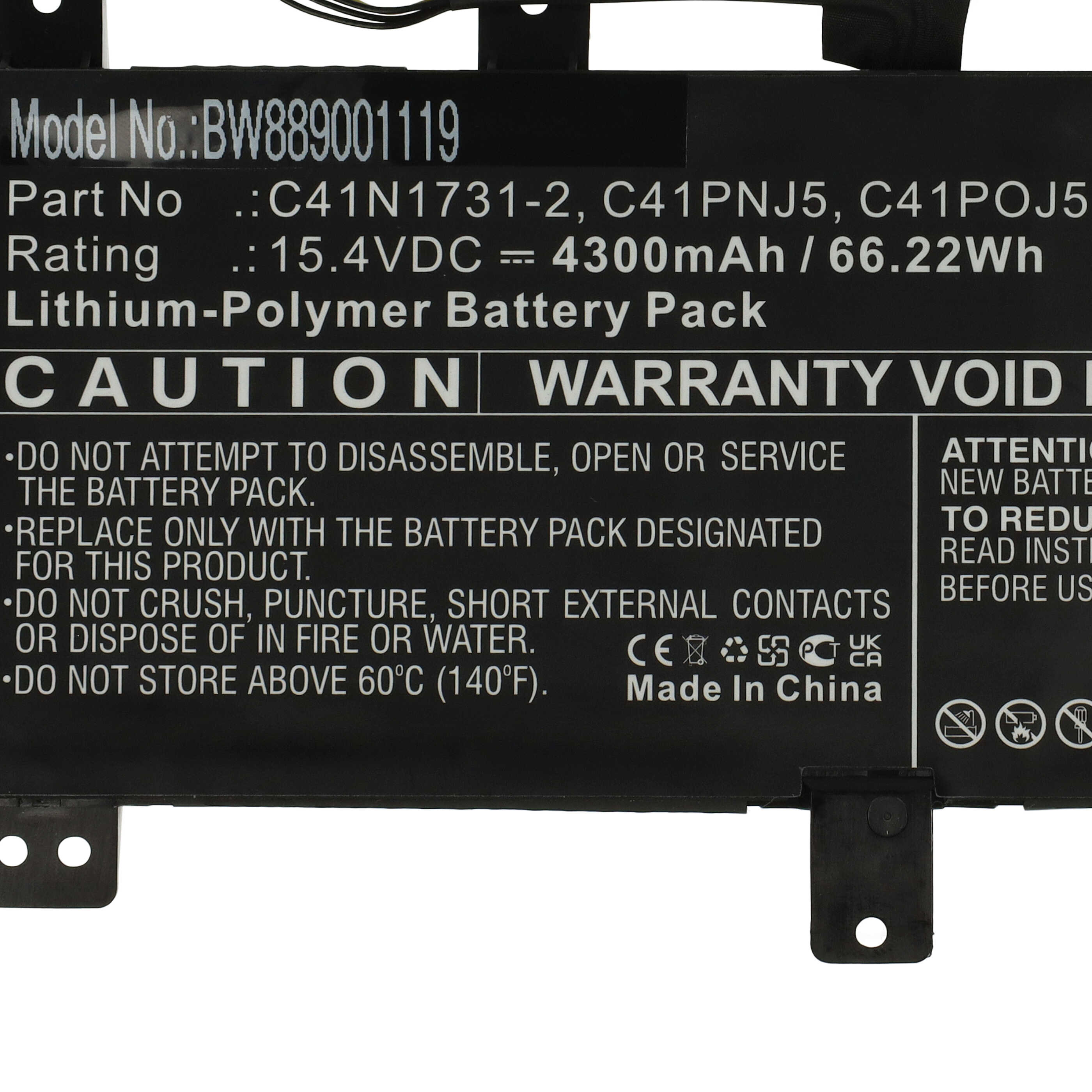 Schwarzes Batterieetikett mit Text: Modell-Nr., Teilenummer, Bewertung, Lithium-Polymer-Akkupack, VORSICHT und Garantieinformationen.