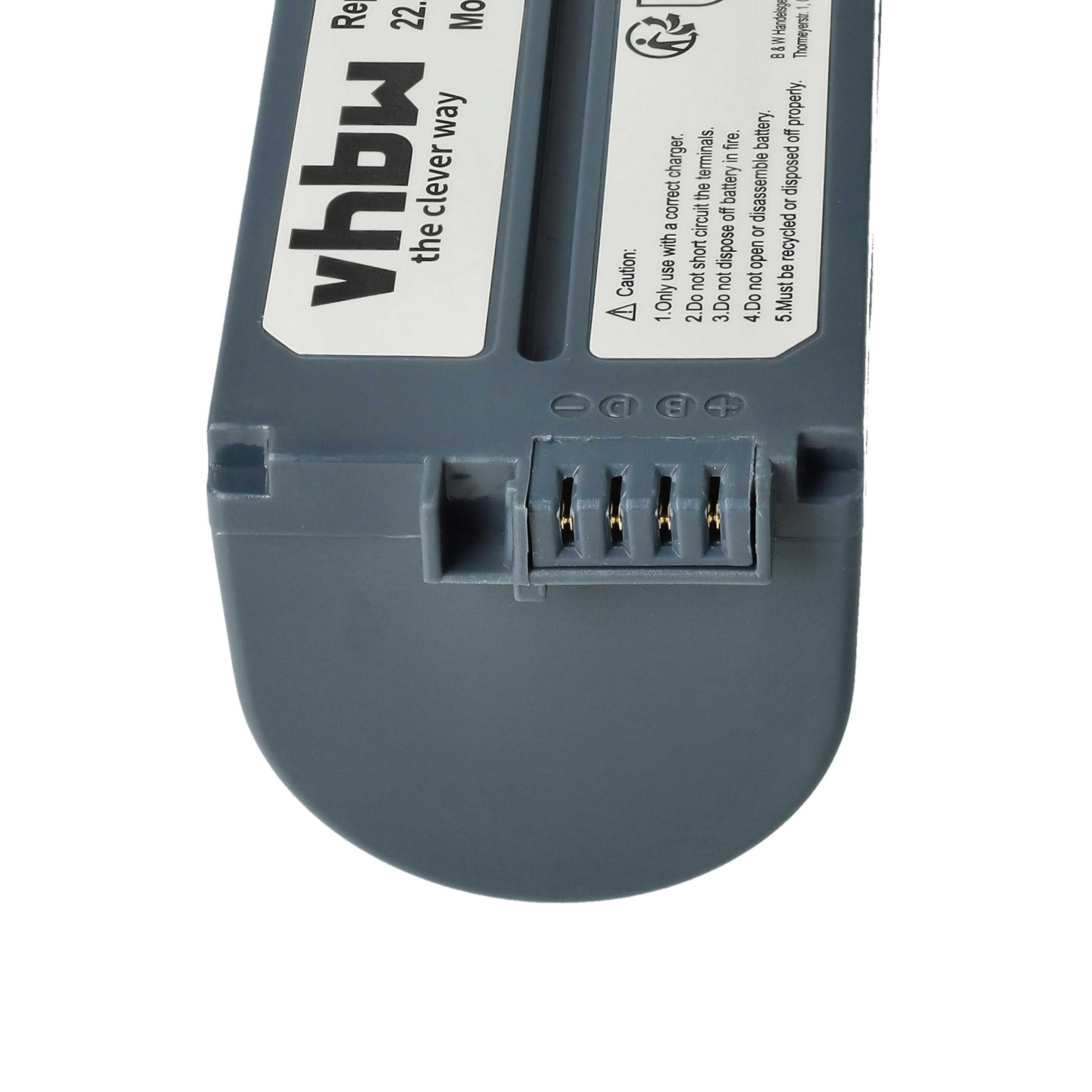 Ein grauer Akku mit Text, einem Stecker und Warnhinweisen. Die Marke 'vhbw' ist sichtbar.