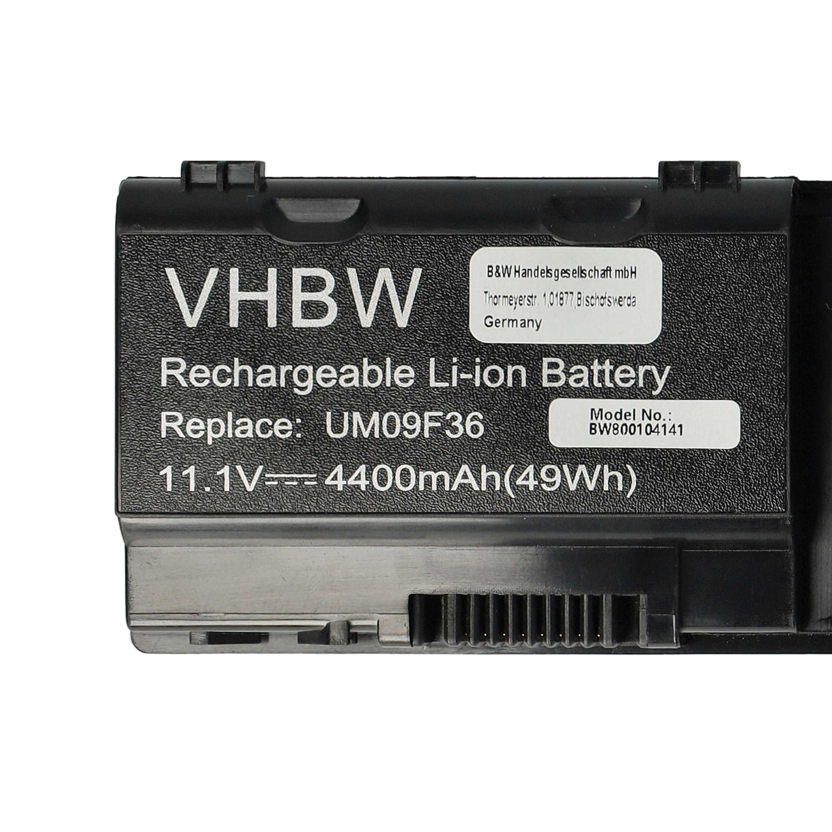 Schwarzer VHBW Li-Ionen-Akku mit weißem Text. Enthält Produktinformationen wie Spannung, Kapazität und Modelldaten. Weißer Hintergrund.