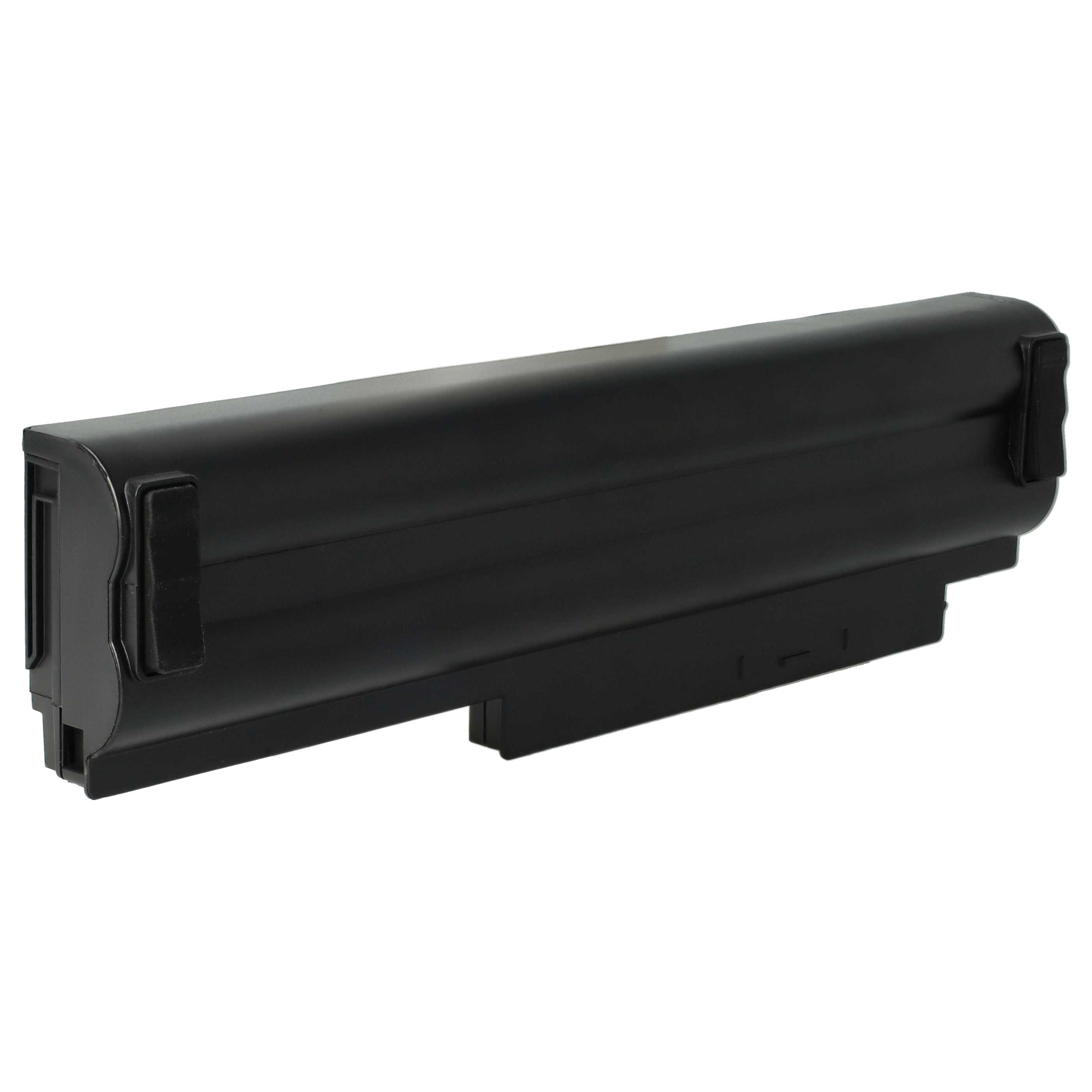 Una batteria per laptop rettangolare nera, su sfondo bianco. Ha due clip nere su entrambi i lati.