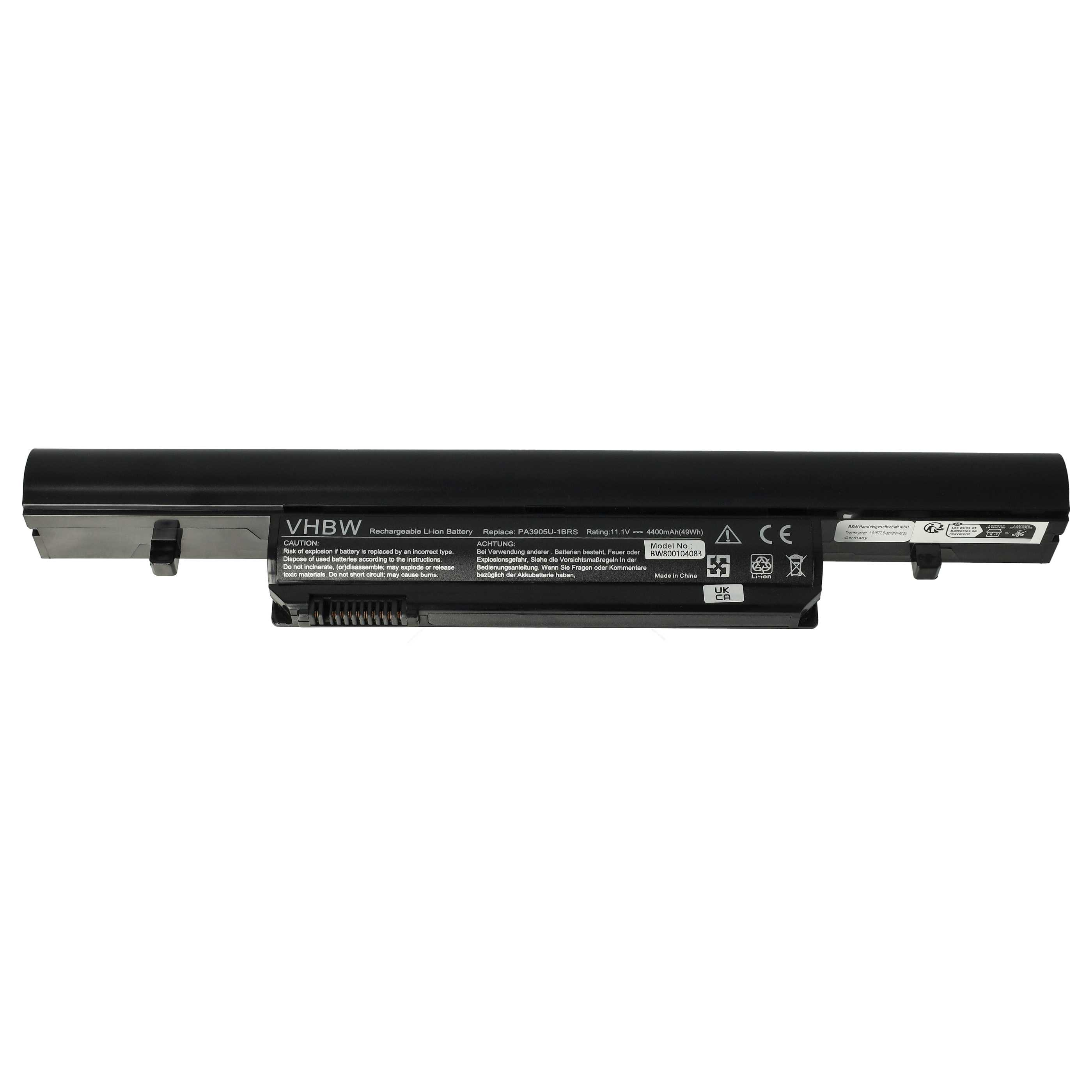 Ein schwarzer Laptop-Akku auf weißem Grund. Text weist auf einen wiederaufladbaren Li-Ion-Akku hin.