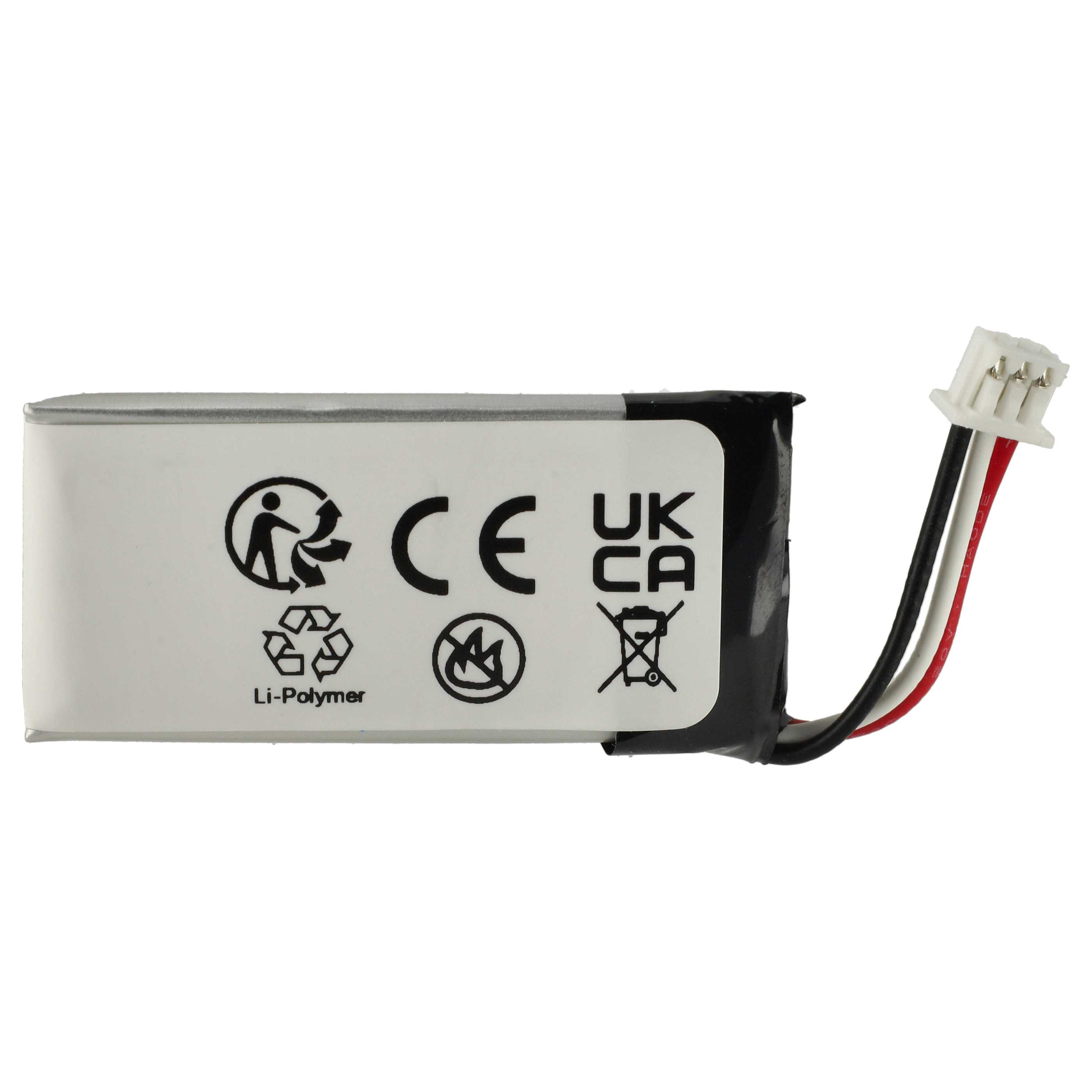 Ein Li-Polymer-Akku mit Symbolen und Text, einem weißen Stecker und Drähten in Schwarz, Weiß und Rot.