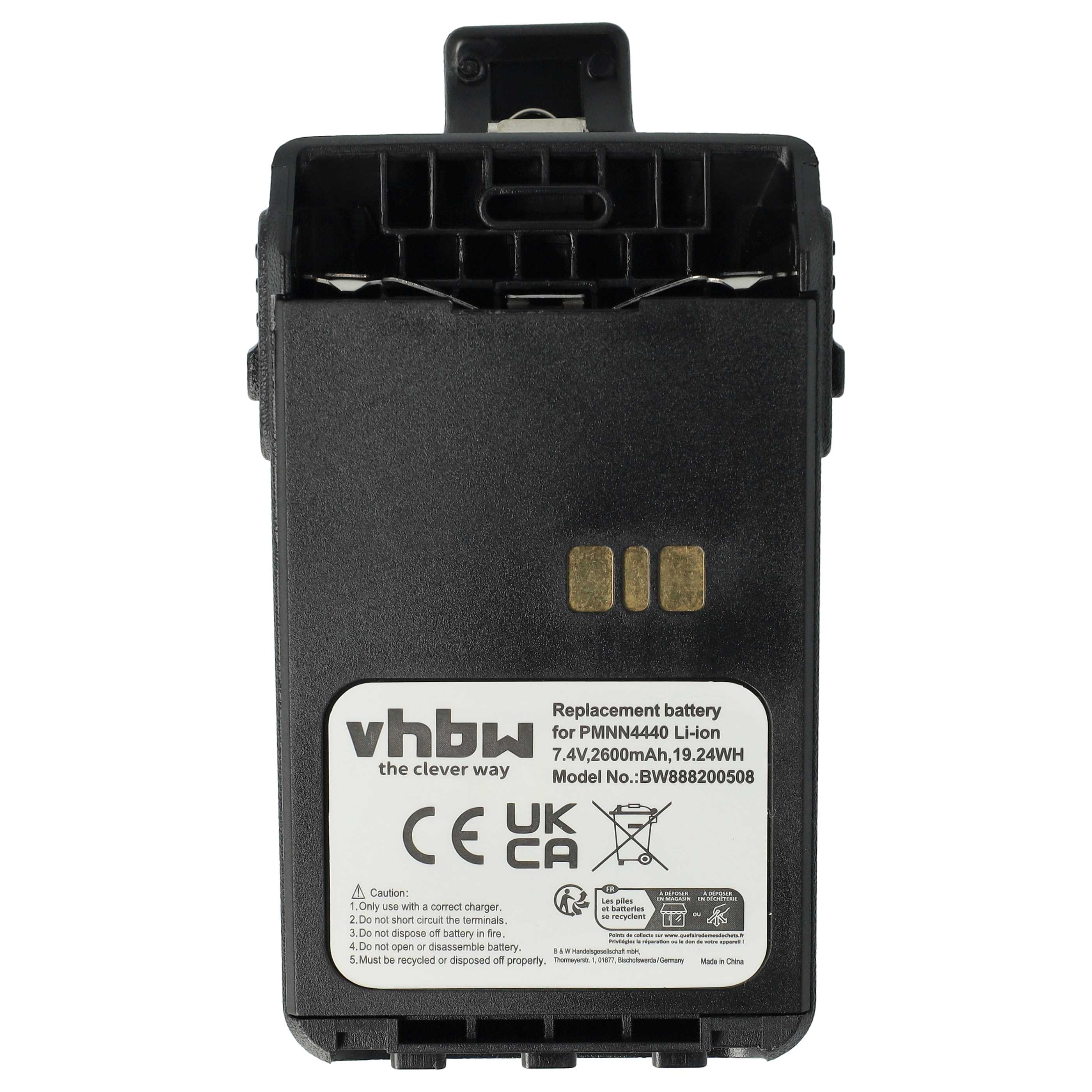Ein schwarzer Akku mit weißem Text und Logos. Es ist ein Ersatzakku für einen PMNN4440 Li-Ion.