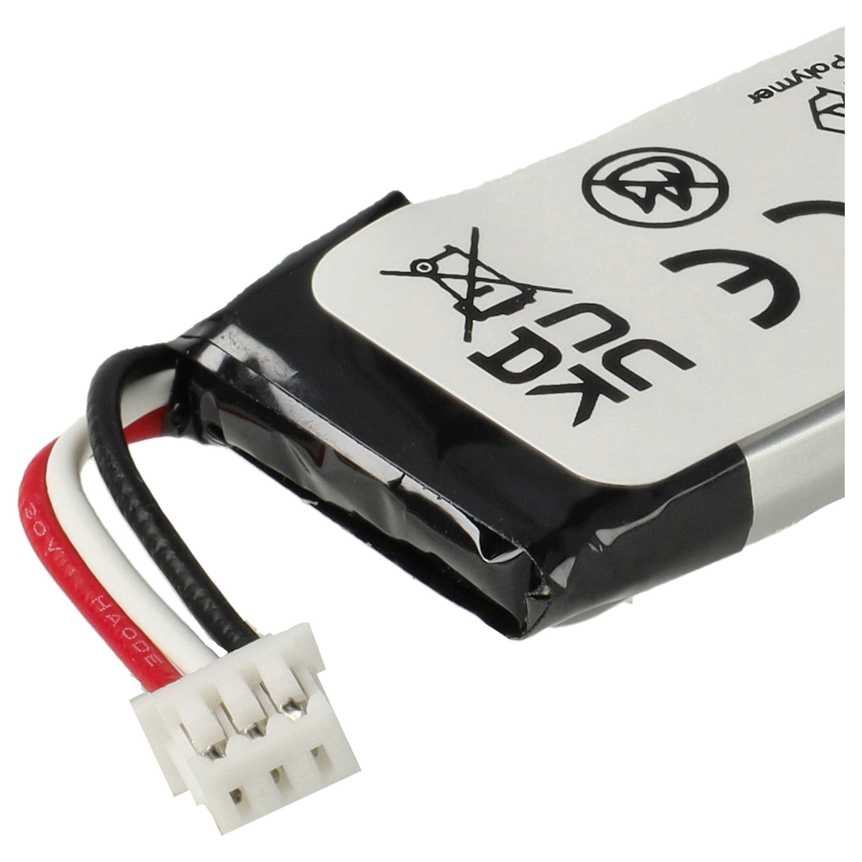 Ein Akkupack mit weißem Etikett, schwarzer Umwicklung und Stecker. Die Drähte sind rot, weiß und schwarz.