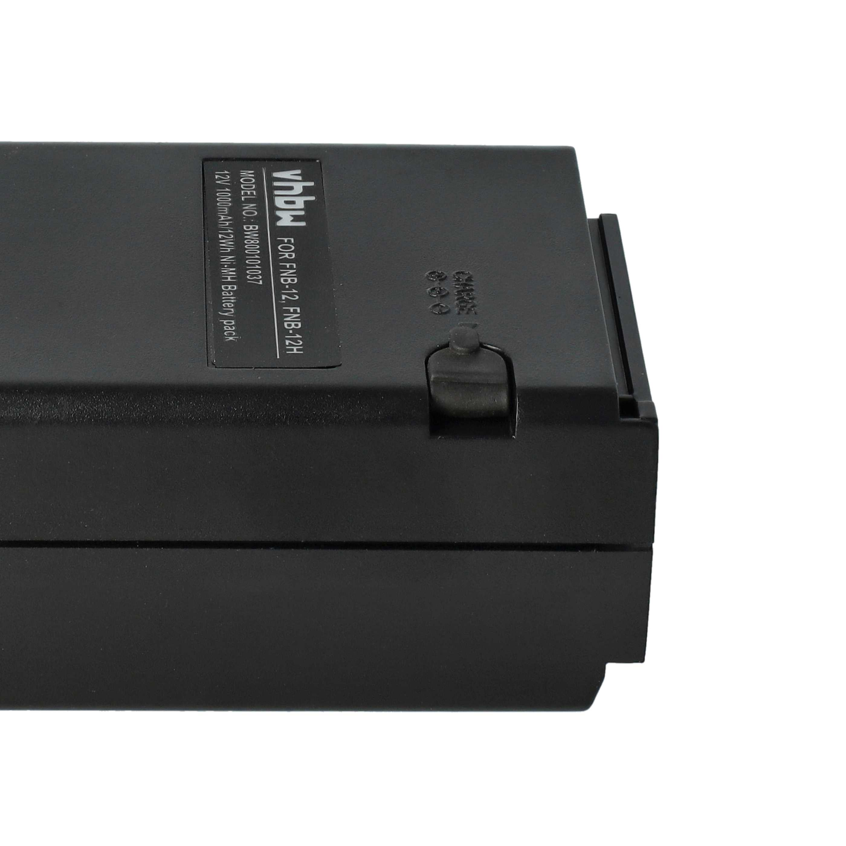 Ein schwarzer Akku mit der Aufschrift 'vhbw' und folgenden Spezifikationen: 12V, 1000mAh, Ni-MH. Modell BW800101037. Für FNB-12, FNB-12H.