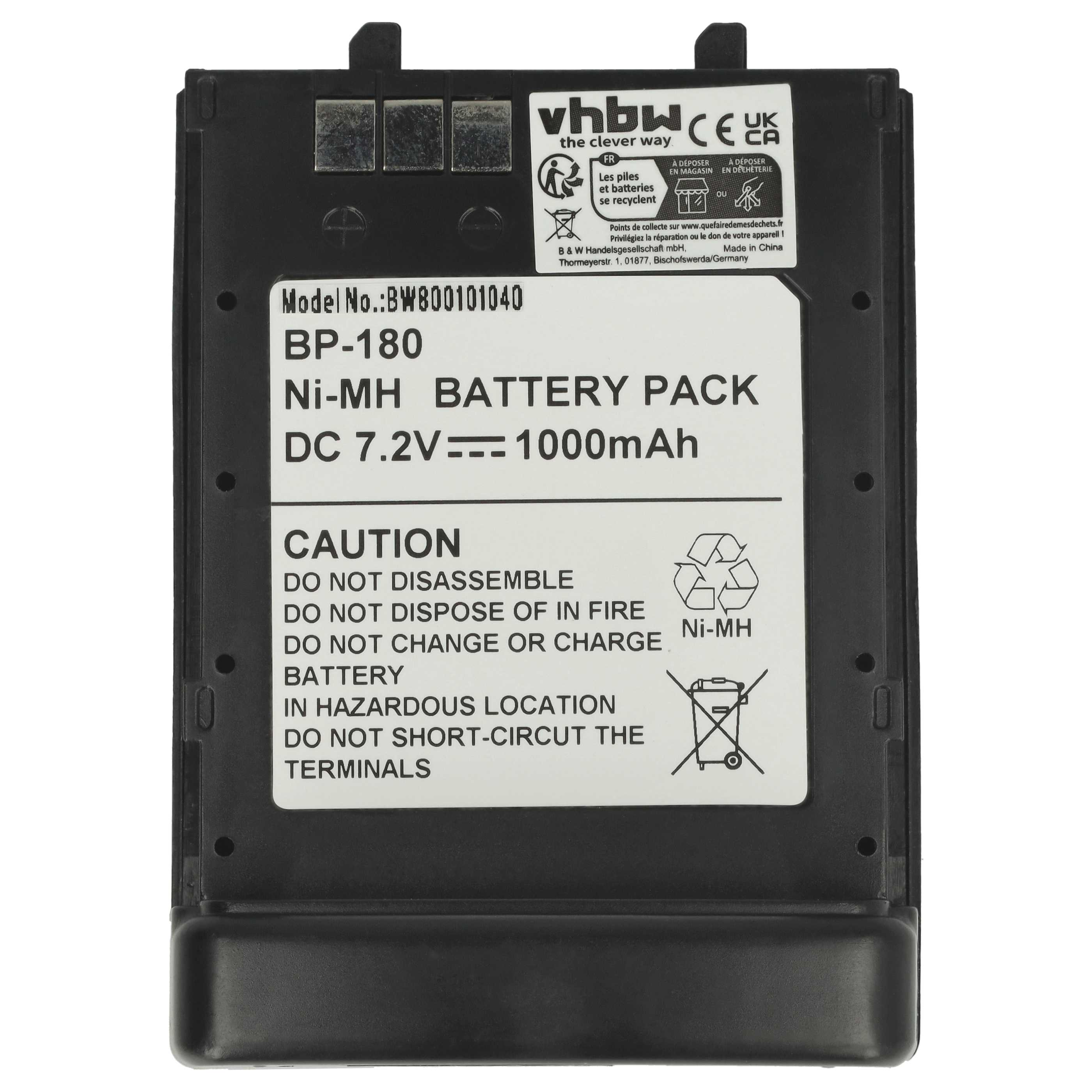 Schwarzer Akku mit weißem Etikett, Text: Ni-MH BATTERY PACK, Vorsichtssymbole und Recycling-Logo.