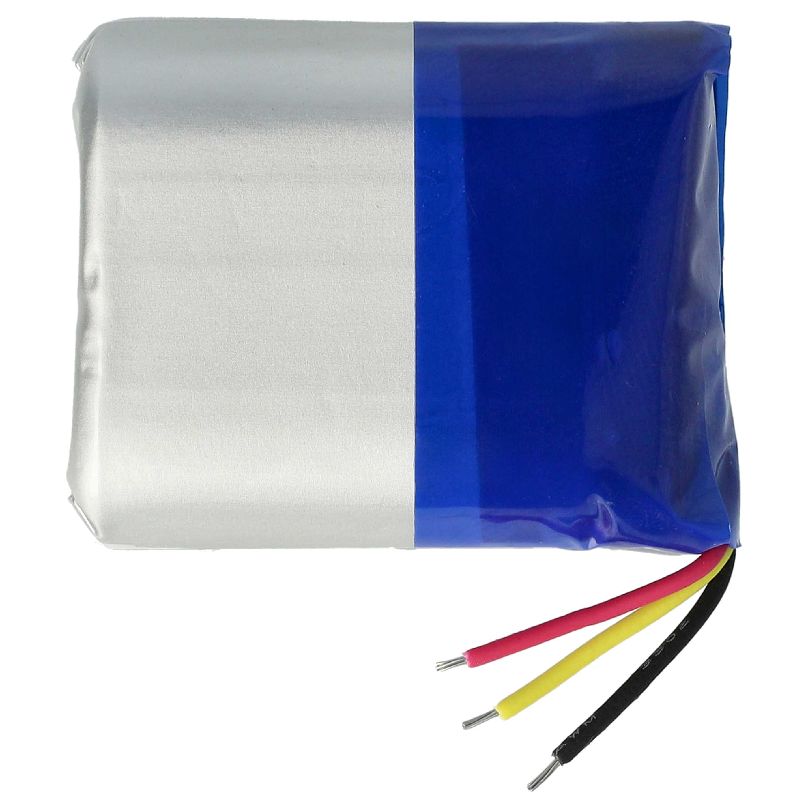 Ein rechteckiges Batteriepack mit silbernen und blauen Abschnitten. Drei Drähte, rot, gelb und schwarz, gehen davon aus.