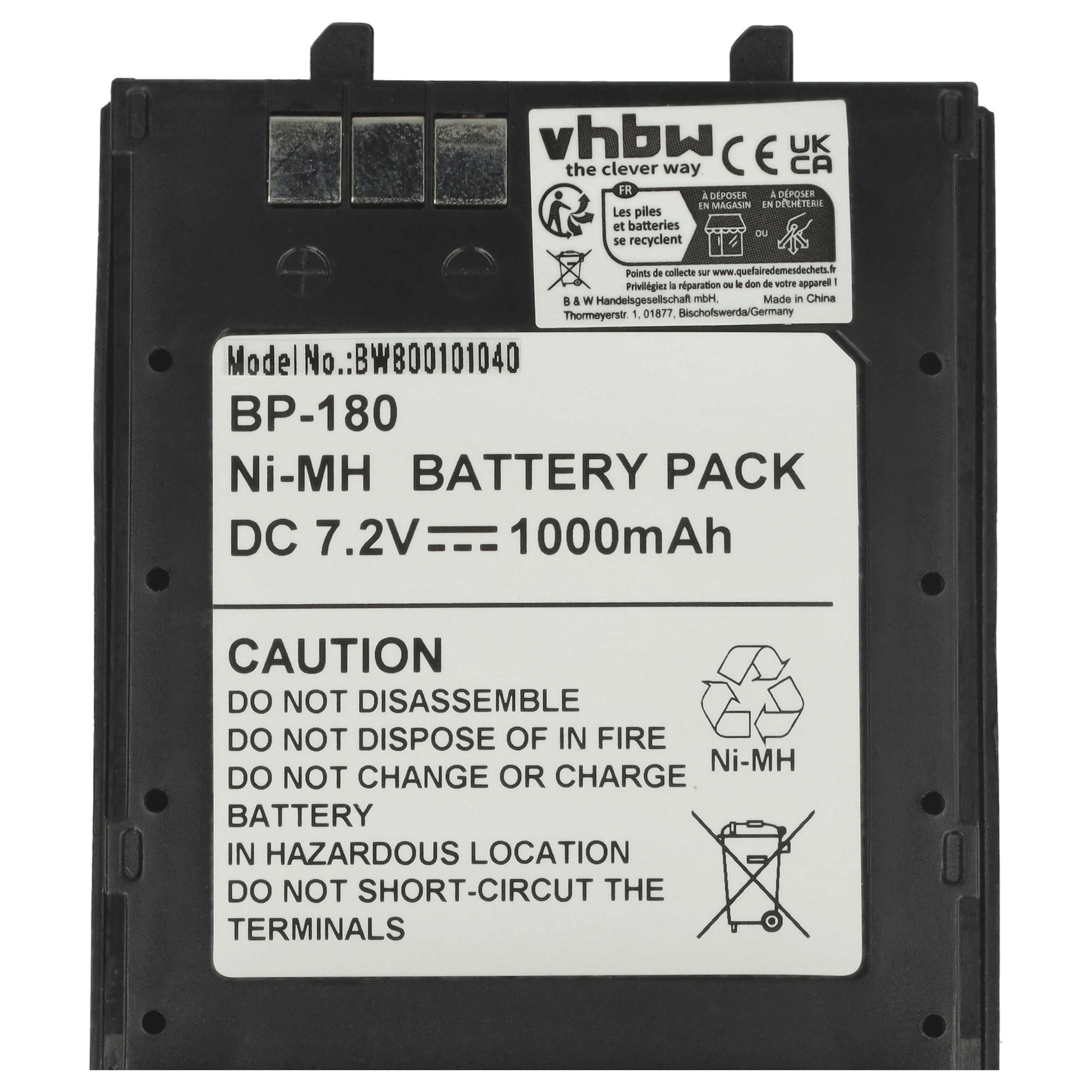 Schwarzer Ni-MH-Akku. Text: Modell-Nr., BP-180, DC 7,2V, Achtung. Recyclingsymbole und vhbw-Logo sind ebenfalls vorhanden.