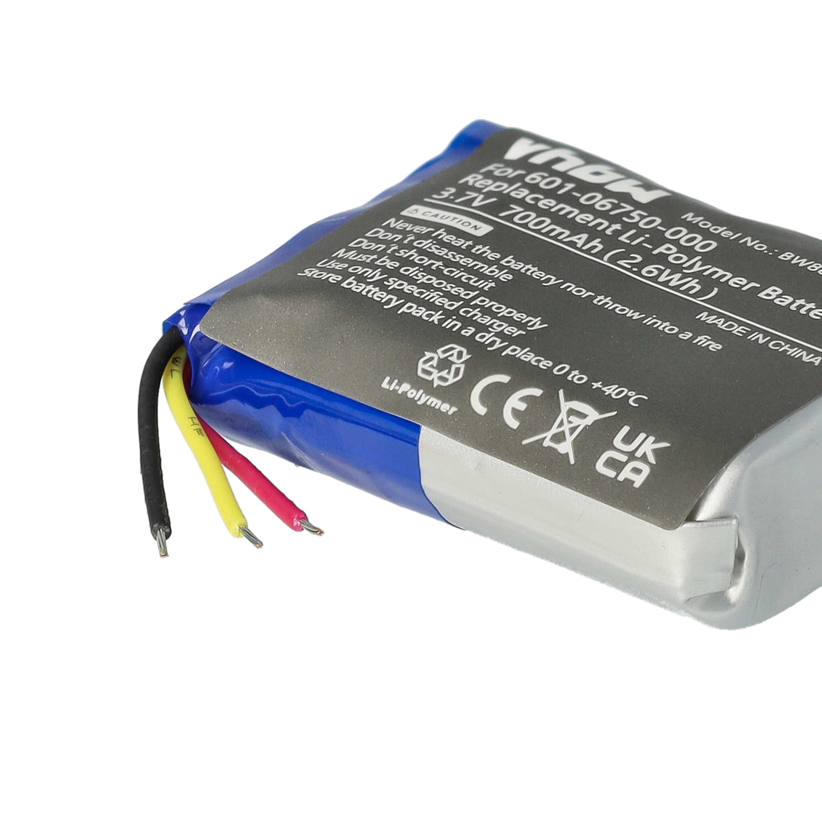 Ein Akku mit schwarzen, gelben und roten Drähten. Auf dem Akku steht 'Li-Polymer', '3,7 V 700 mAh' und 'Made in China'.