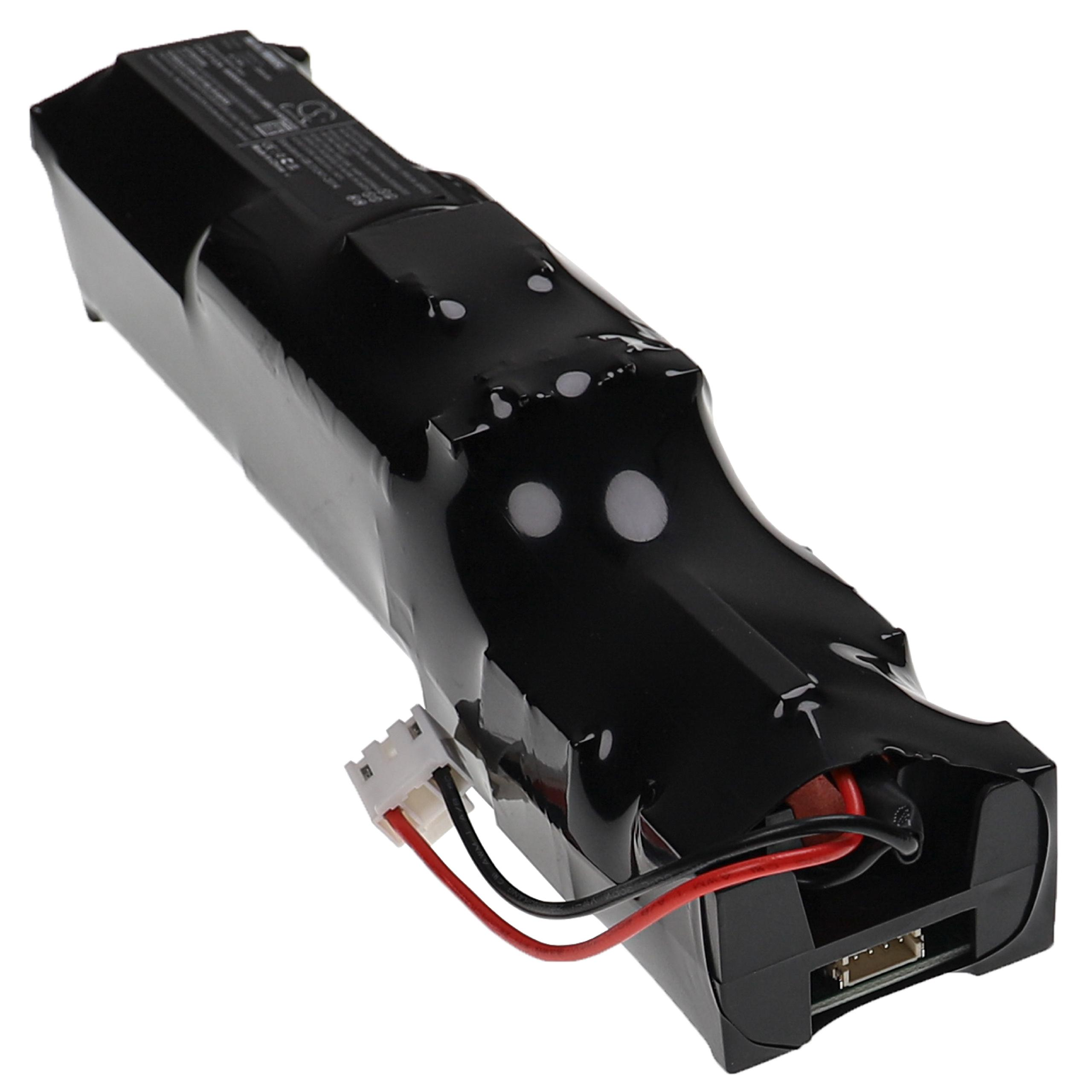 Ein schwarzes Batteriepack mit weißem Stecker und Kabeln. Das Pack ist rechteckig mit abgerundeten Kanten.