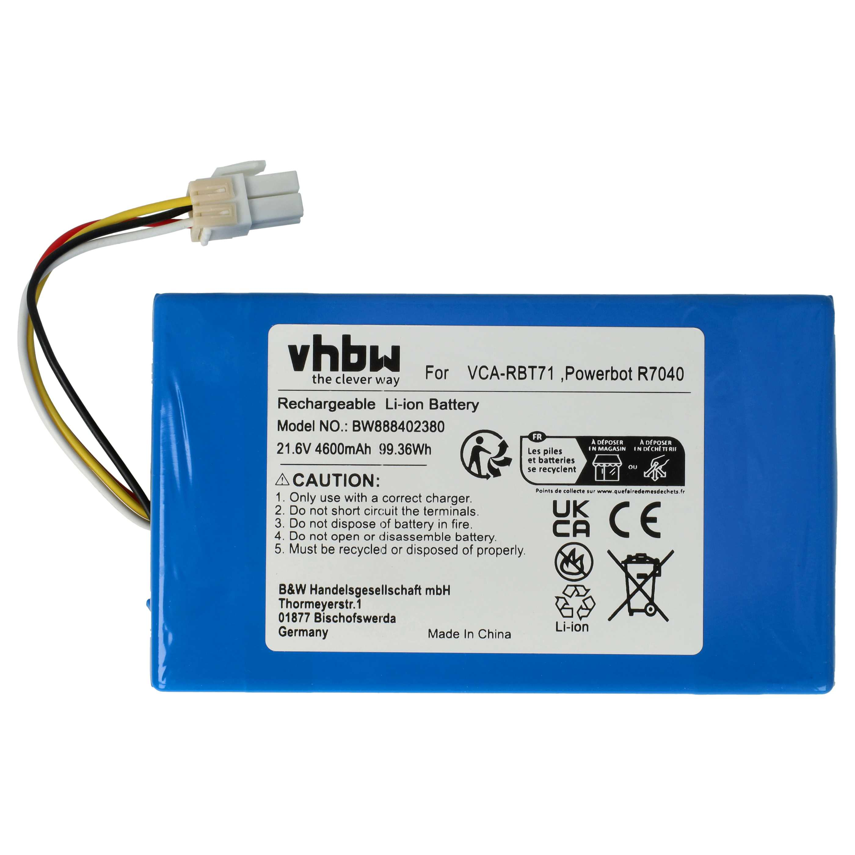 Blaue rechteckige Li-Ionen-Batterie mit weißem Stecker und farbigen Drähten. Text enthält Warnungen, Recyclingsymbole und Firmeninfo.