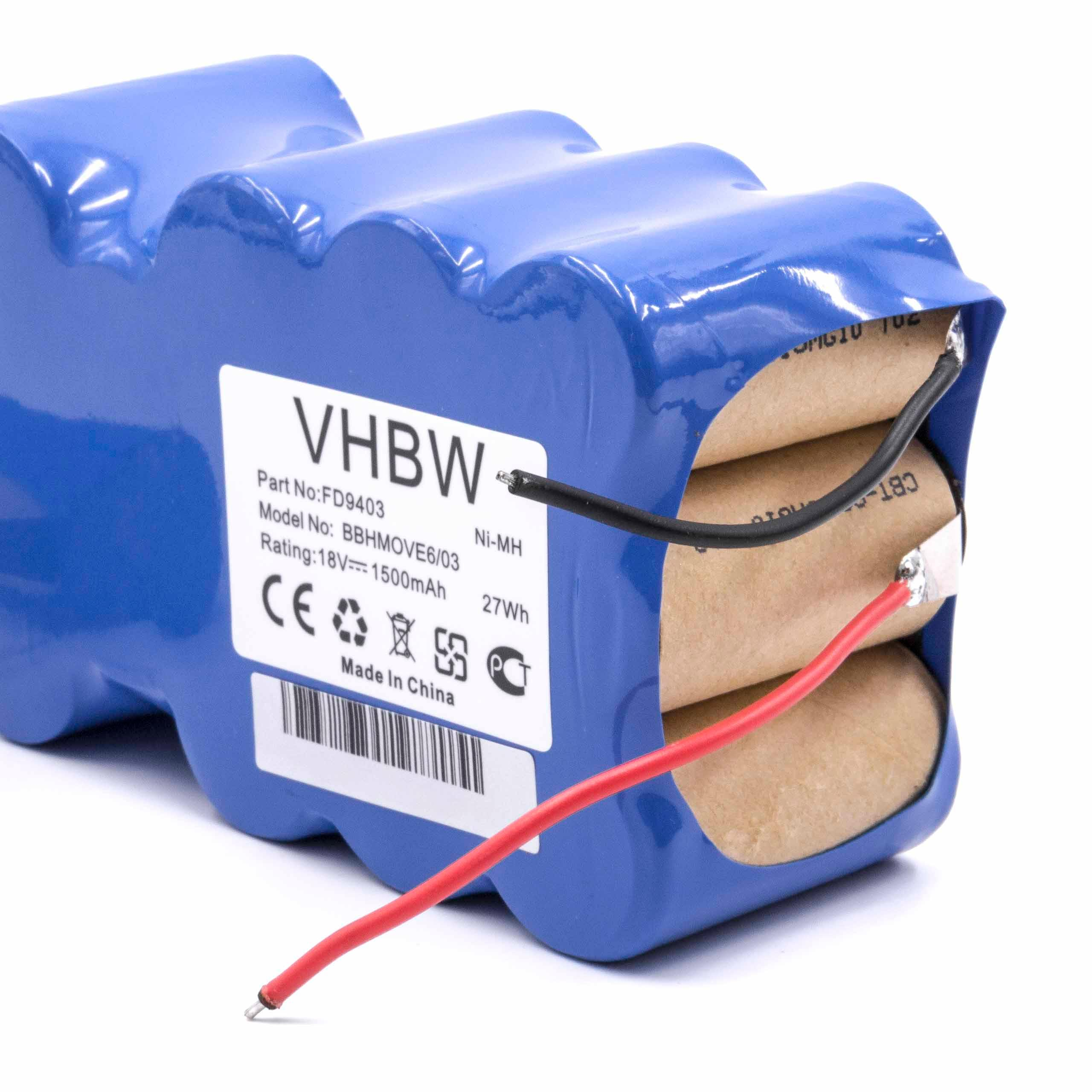 Ein blaues VHBW-Akkupack mit schwarzen und roten Drähten, einem Etikett und braunen zylindrischen Zellen.