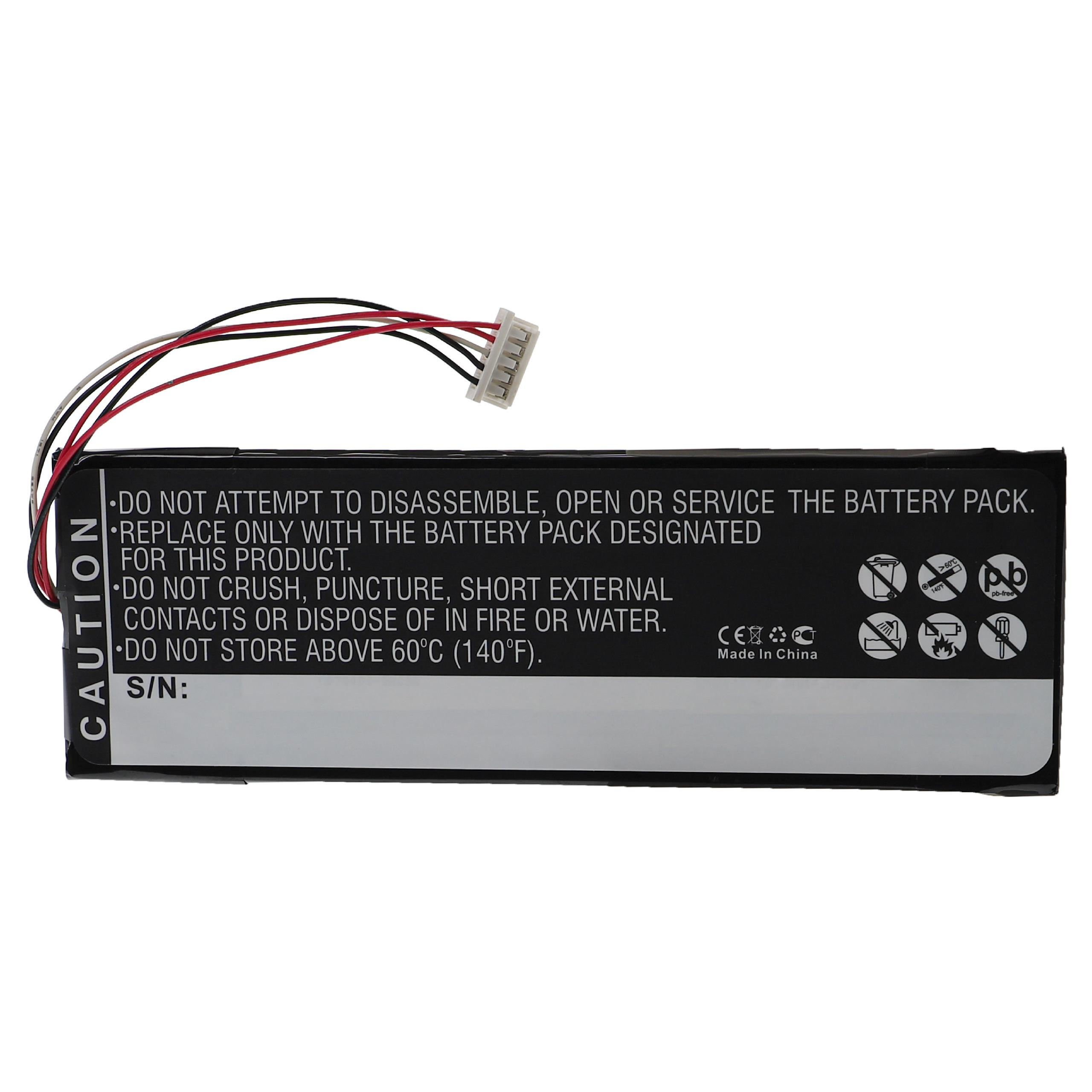 Ein Akkupack mit Drähten und einem Stecker. Schwarze und rote Drähte. Text enthält Warnungen und Symbole.