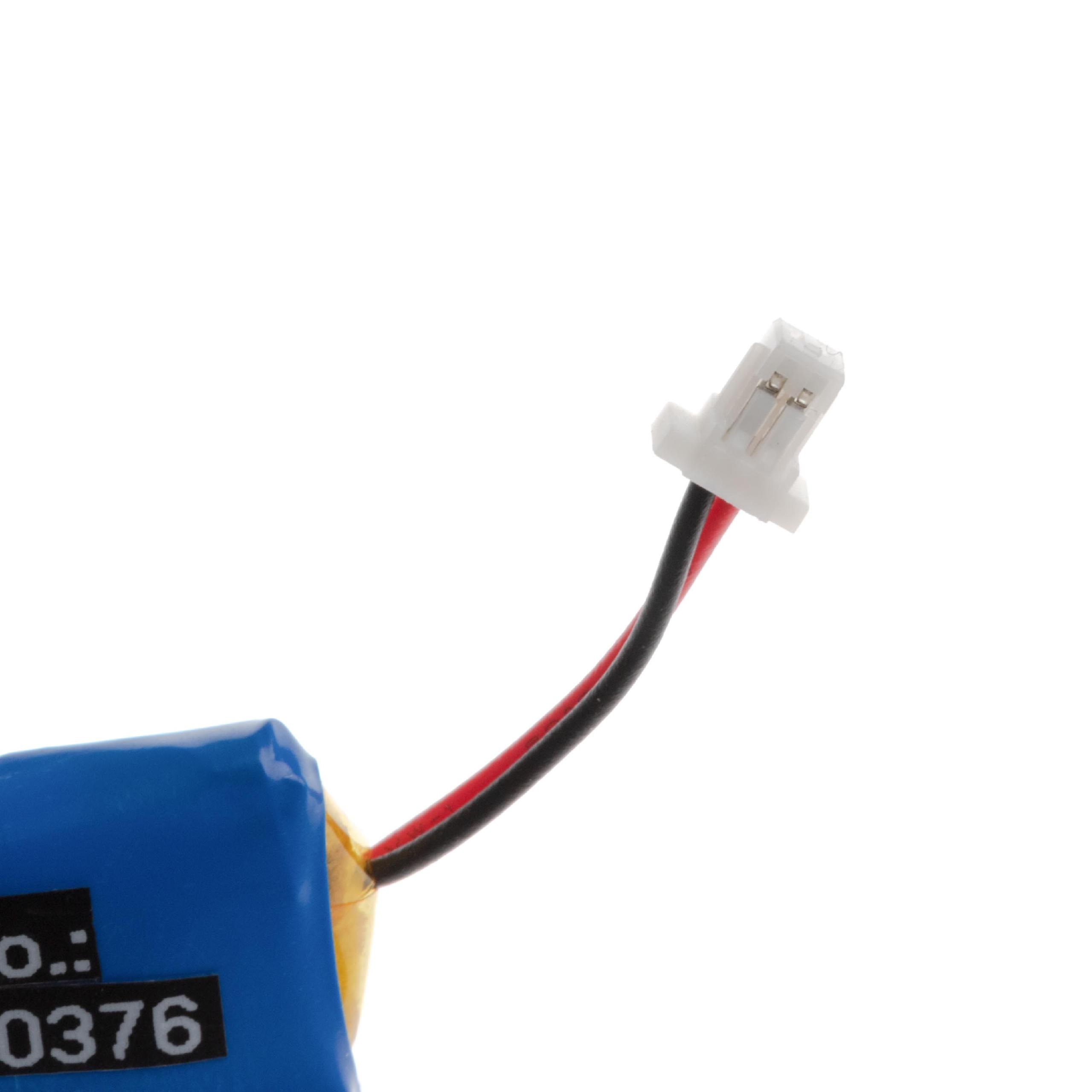 Ein weißer Stecker mit roten und schwarzen Drähten kommt aus einem blauen Objekt. Weißer Hintergrund.